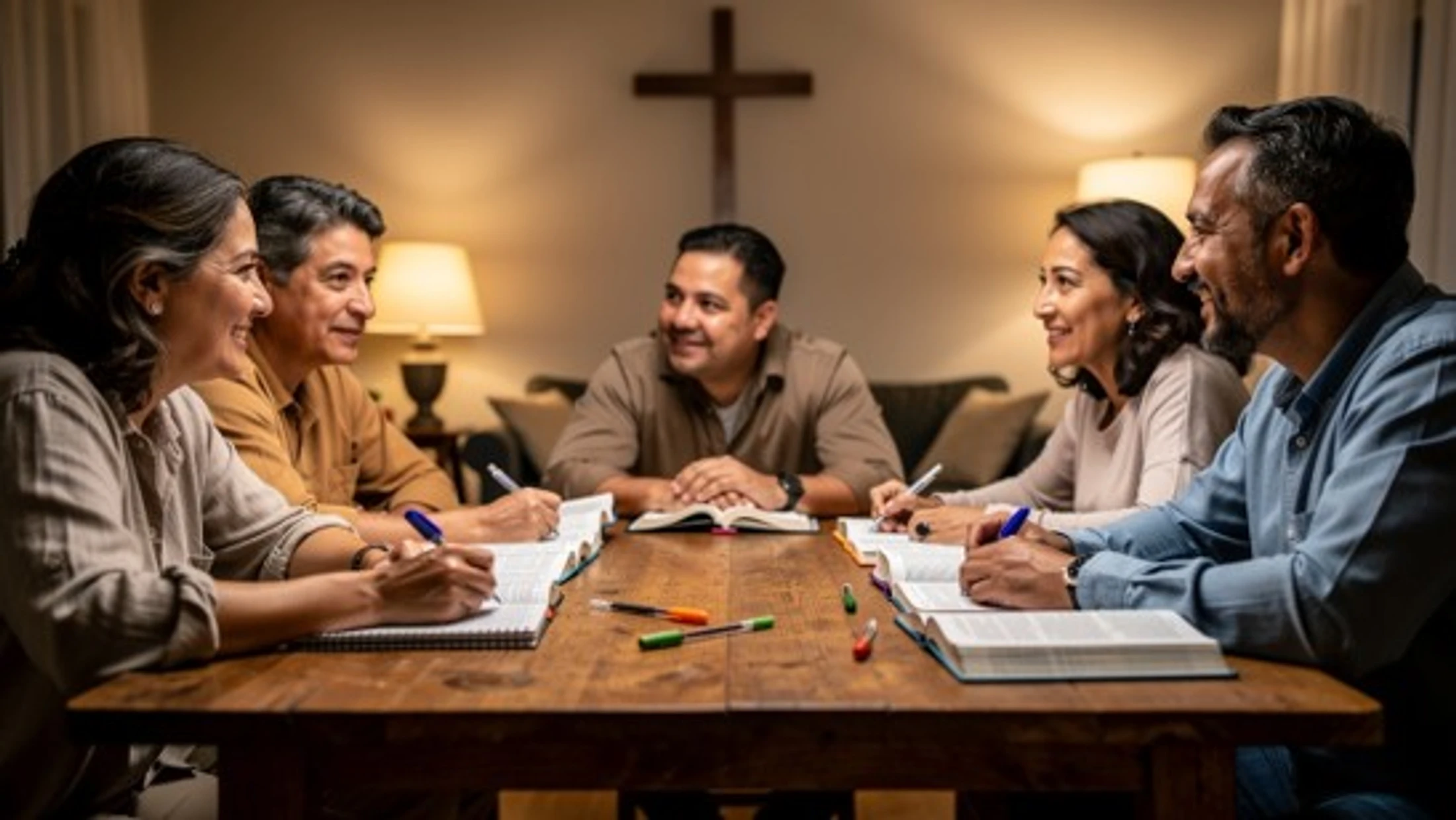Five adults sit around a wooden table in a warmly lit room for a Bible study, smiling as they discuss with open books and a cross on the wall behind them.