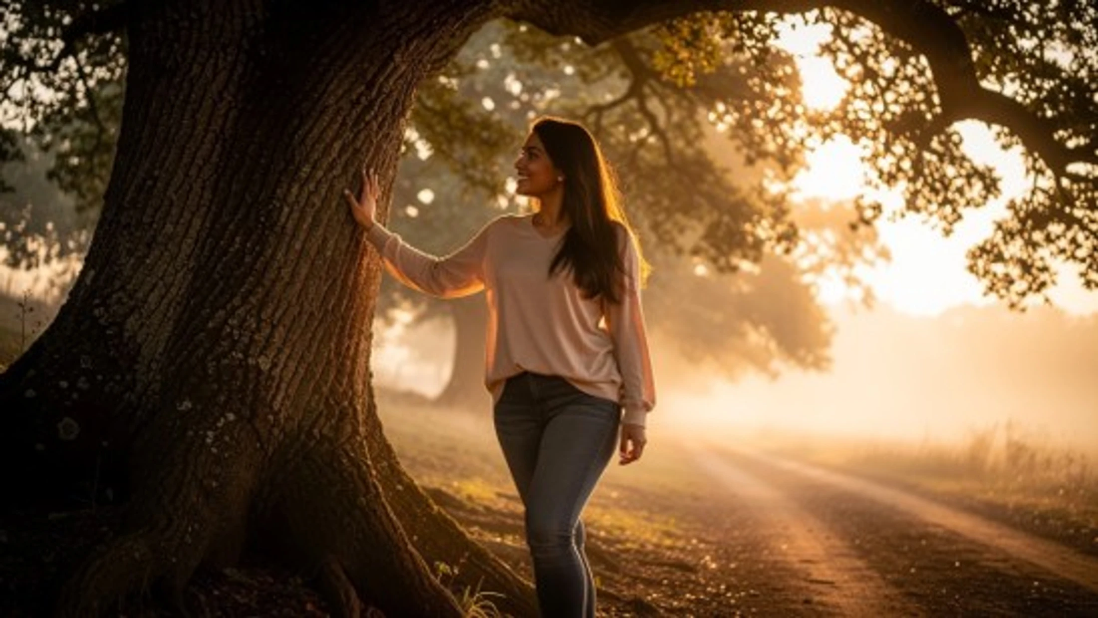 A smiling woman stands next to a large tree, her hand on the trunk. A dirt road disappears into a foggy, sunlit background with golden light.