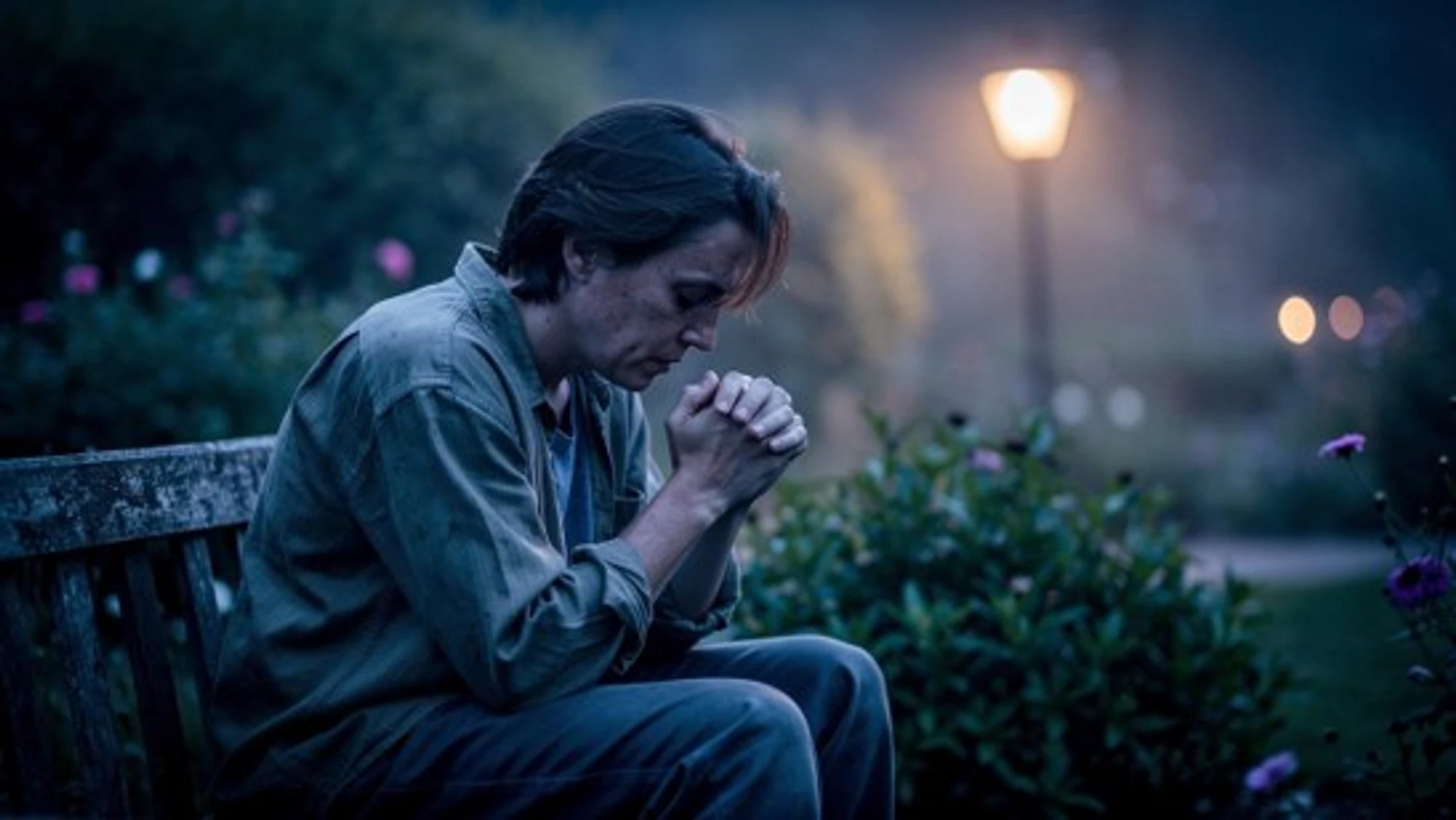 A person sits on a wooden park bench at dusk with their head bowed and hands clasped in prayer or deep thought. A streetlamp glows in the background.