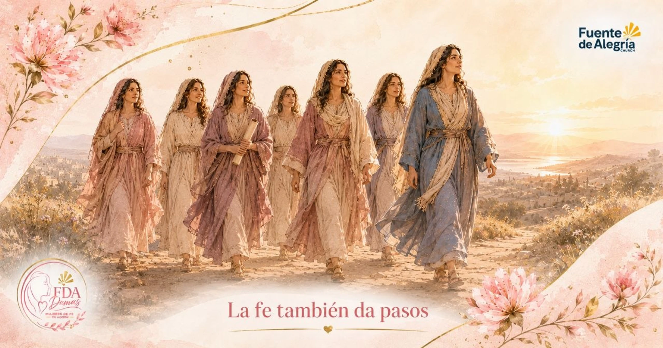 An illustration of seven women in ancient robes walking together on a path towards a sunrise, with the Spanish text 'La fe también da pasos'.