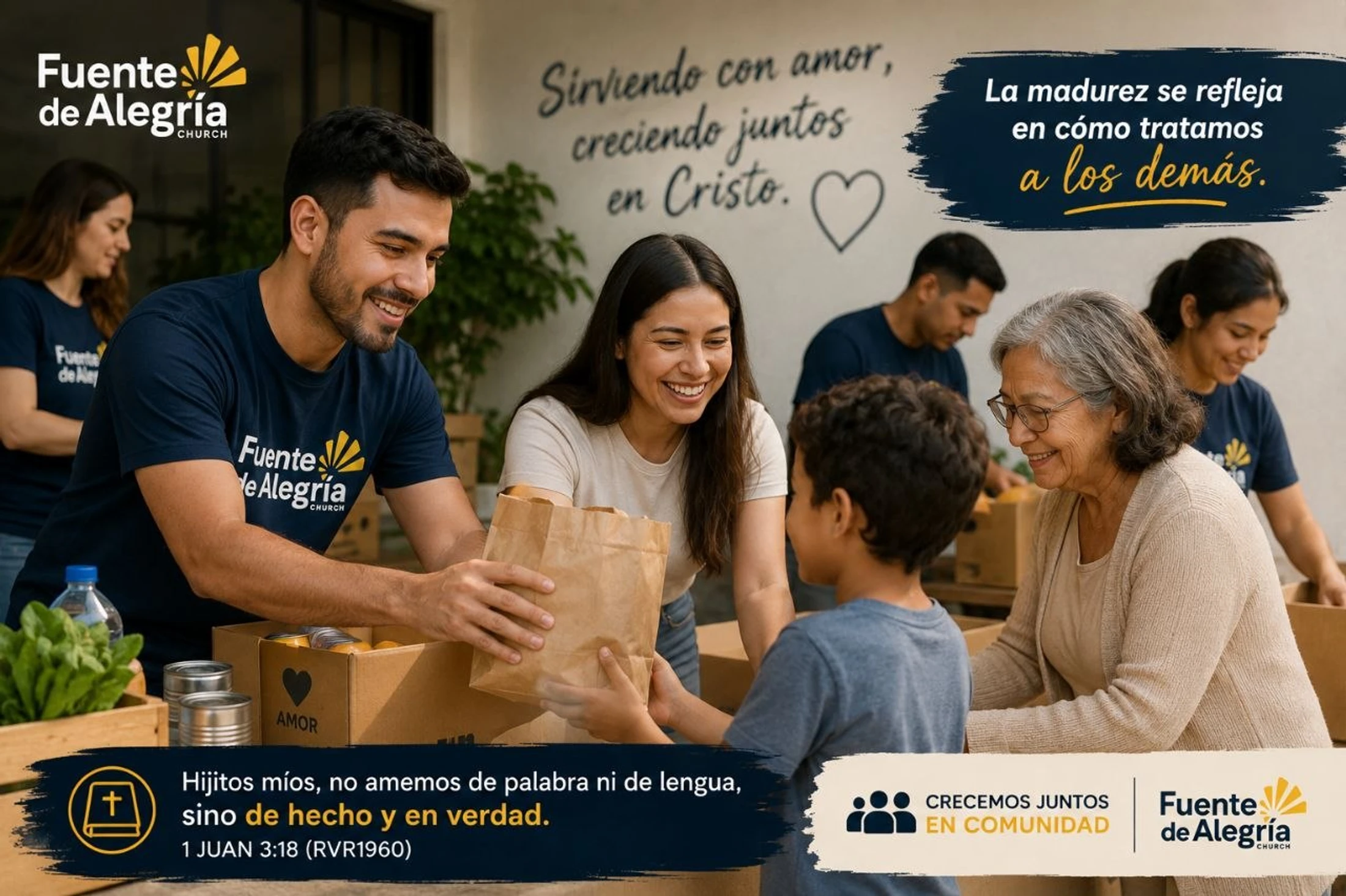 A group of smiling church volunteers pack food donations. A man hands a paper bag to a young boy while a woman and an elderly lady look on.