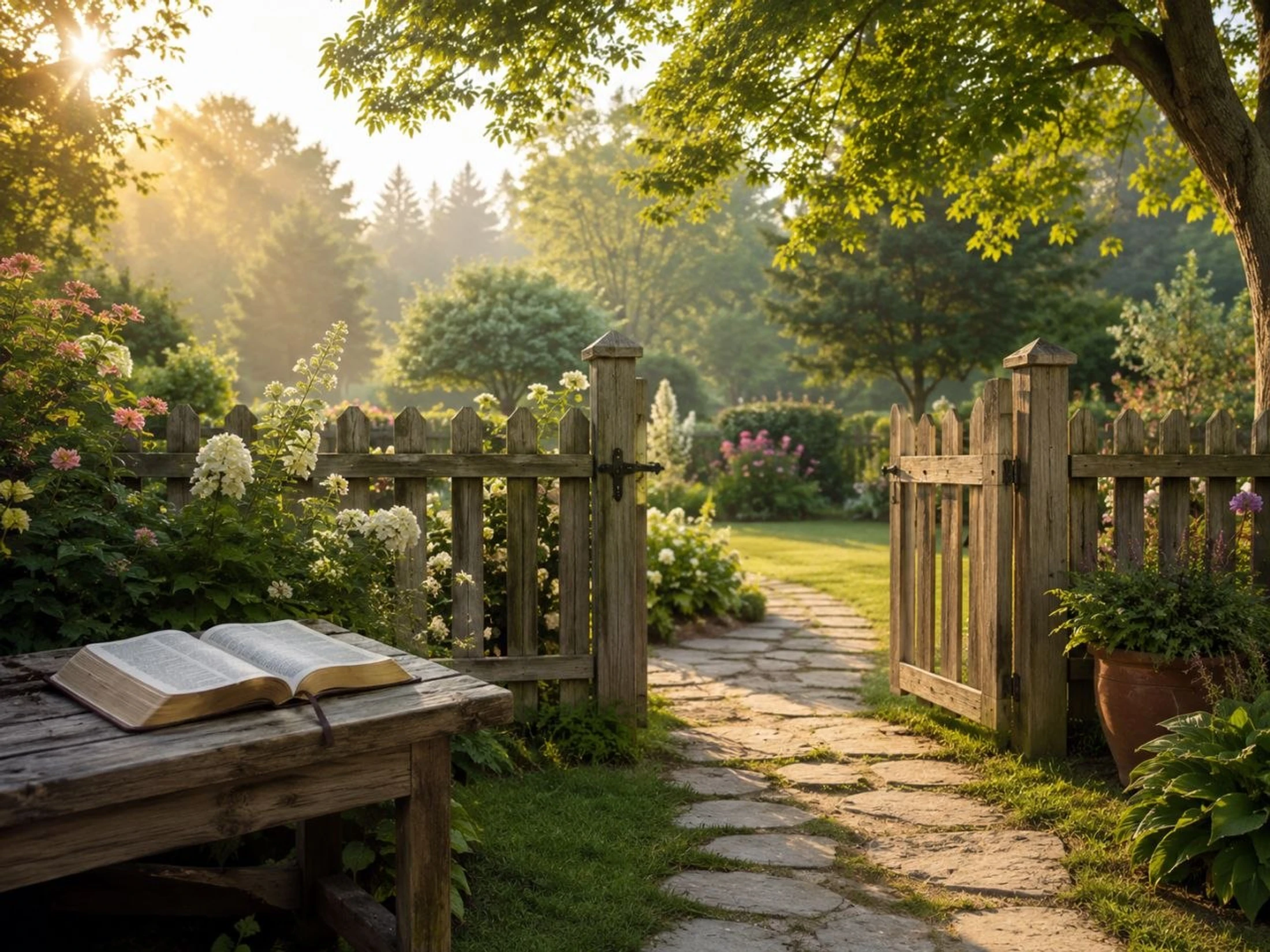 An open bible rests on a wooden bench beside a gate leading into a lush garden. The morning sun shines through the trees, creating a peaceful, golden glow.
