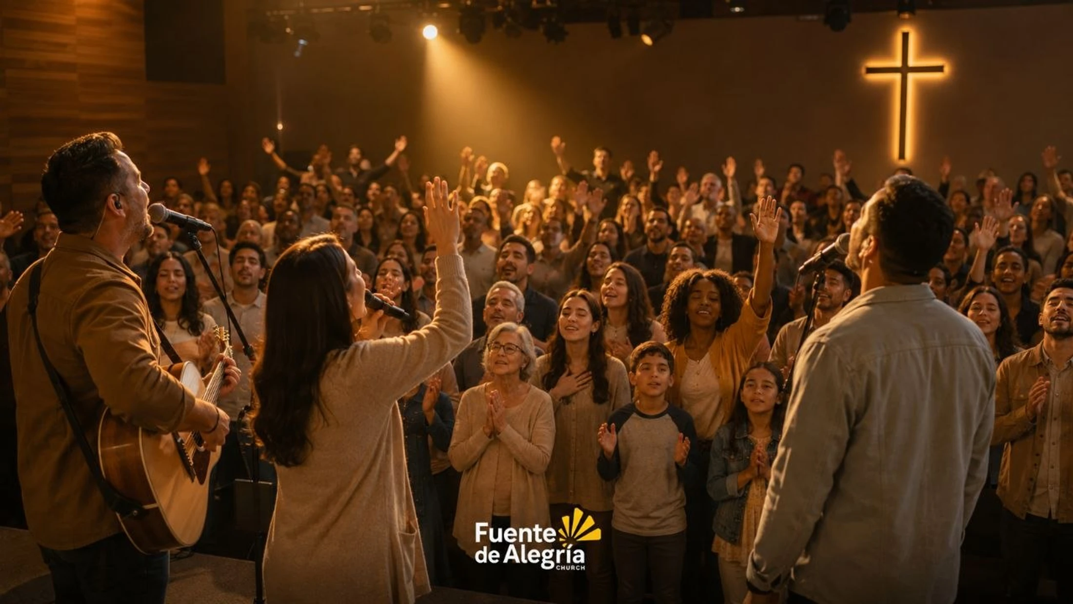 A diverse congregation sings with hands raised during a church service, led by a band on stage. An illuminated cross is visible on the back wall.