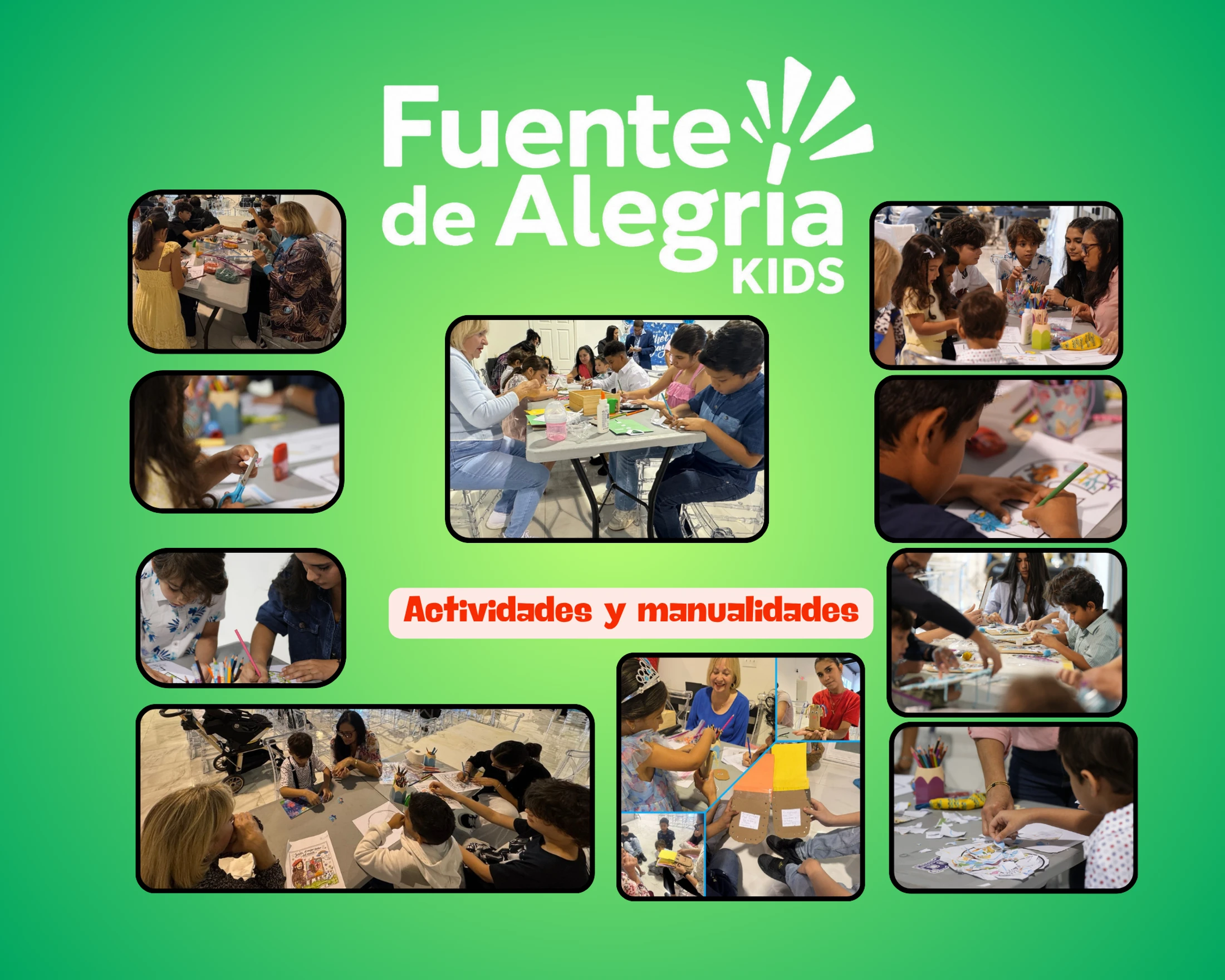 A photo collage on a green background for 'Fuente de Alegria Kids', showing children and adults at tables enjoying various arts and crafts activities.
