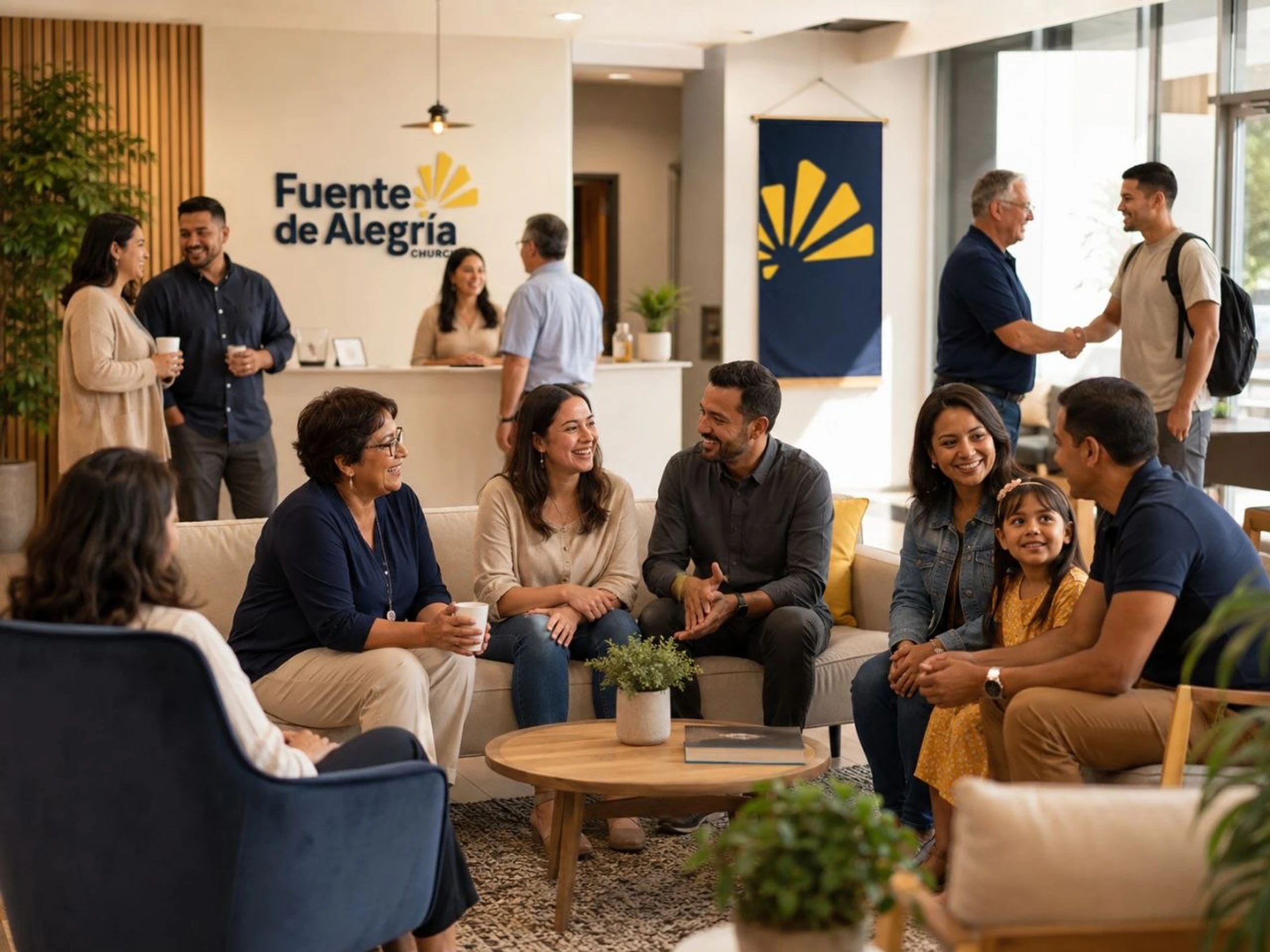 A diverse group of people of all ages fellowship in a modern church lobby, smiling and talking. Some are seated on couches, others stand and greet each other.