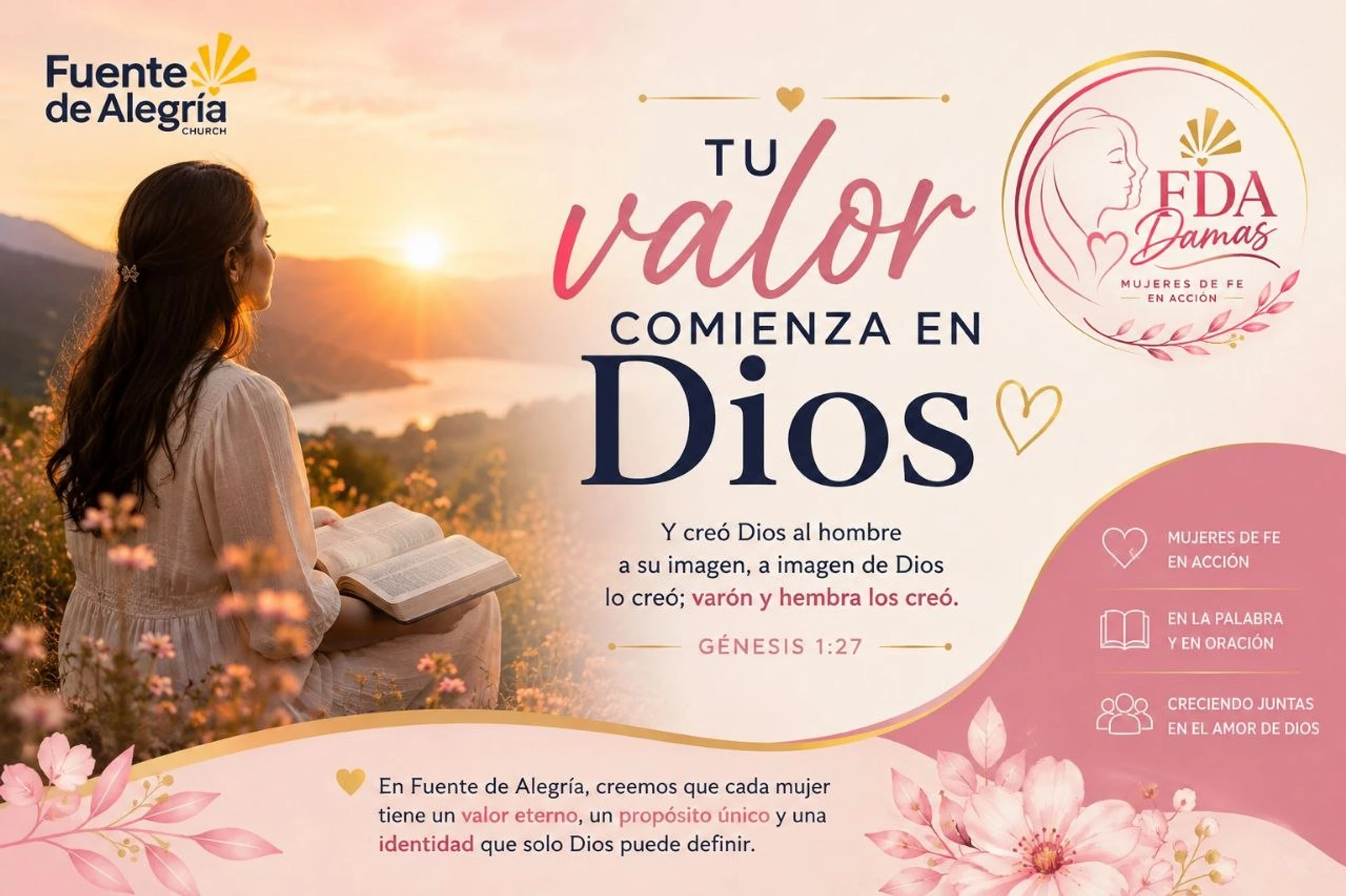 A Spanish religious graphic for a women's ministry. A woman reads a book at sunrise. The text reads 'Tu valor comienza en Dios' (Your worth begins in God).