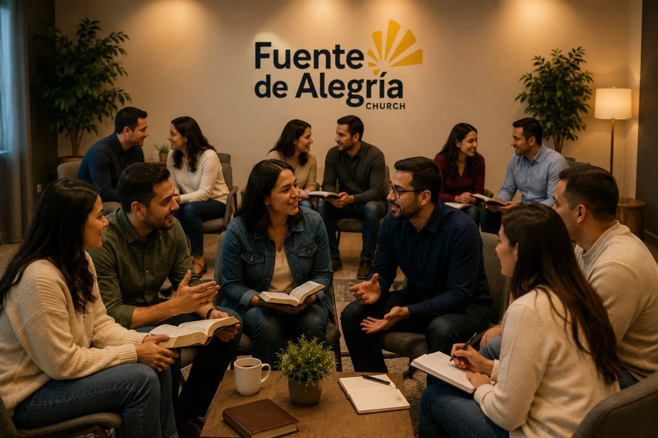 A diverse group of adults sit in a circle, holding Bibles and notebooks while engaging in a lively discussion at Fuente de Alegría Church.