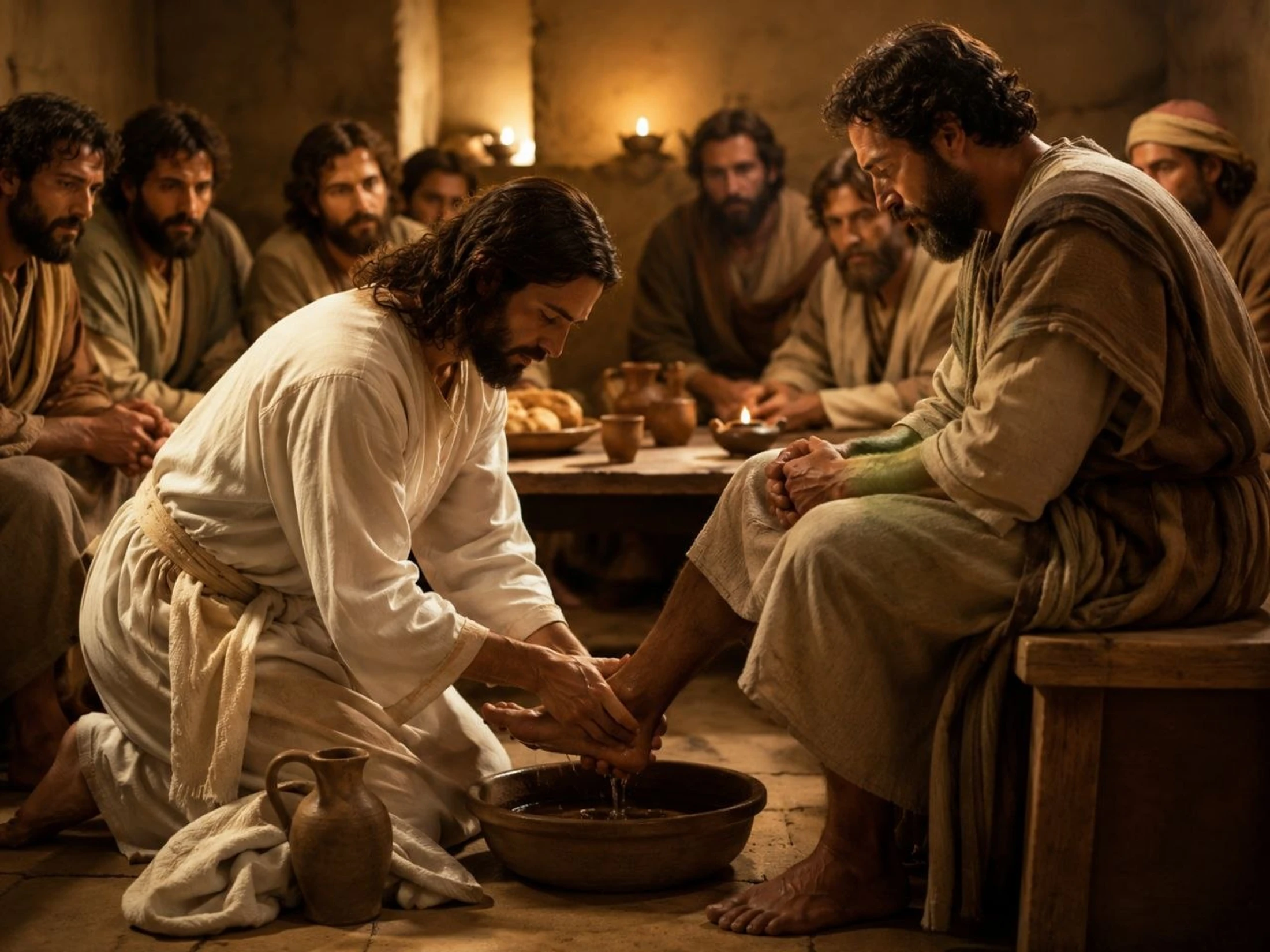 Jesus Christ kneels on a stone floor to wash the feet of one of his disciples in a basin of water as other disciples watch from a table.