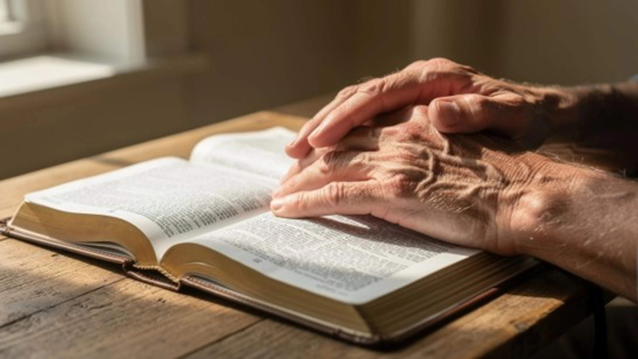 Close-up of an elderly person's weathered hands resting on an open Bible on a wooden table. Sunlight streams in from a window, illuminating the scene.