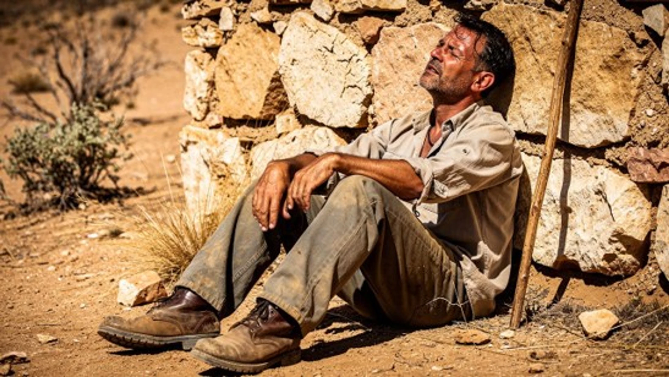 A weary man in dusty clothes sits on the ground, leaning against a rough stone wall in a dry, sunny landscape. His eyes are closed and his face is tilted up.