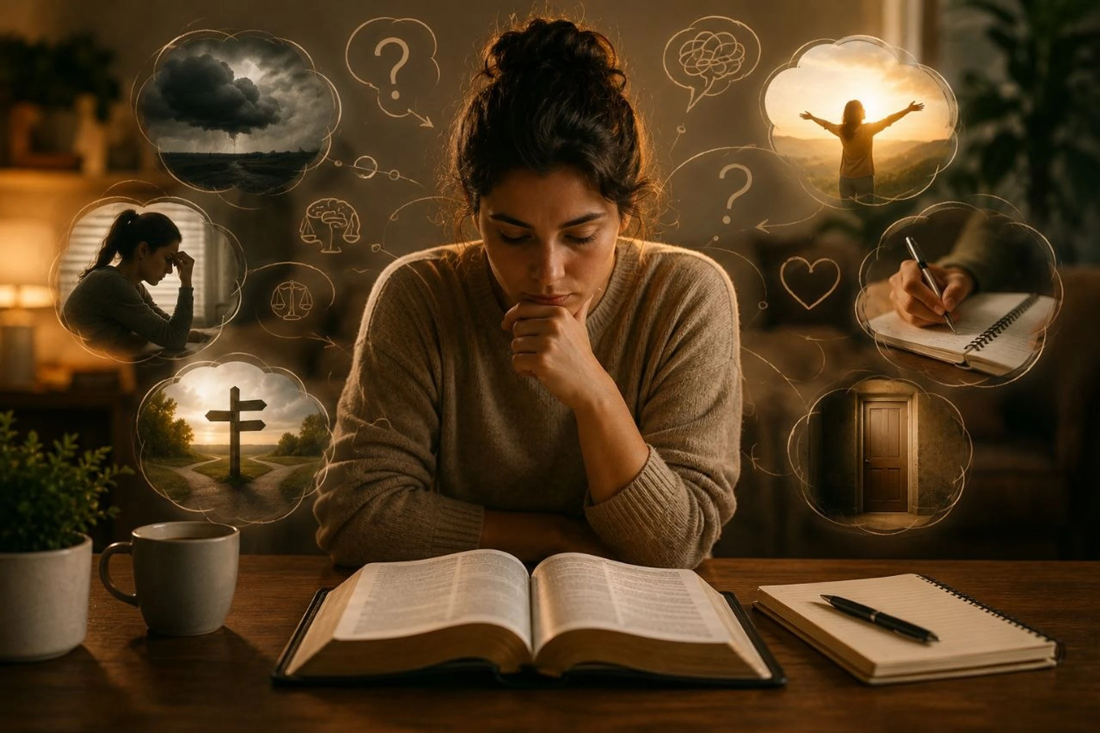 A woman sits at a table reading a Bible, surrounded by thought bubbles depicting life's struggles and hopes, symbolizing a journey of faith and decision.