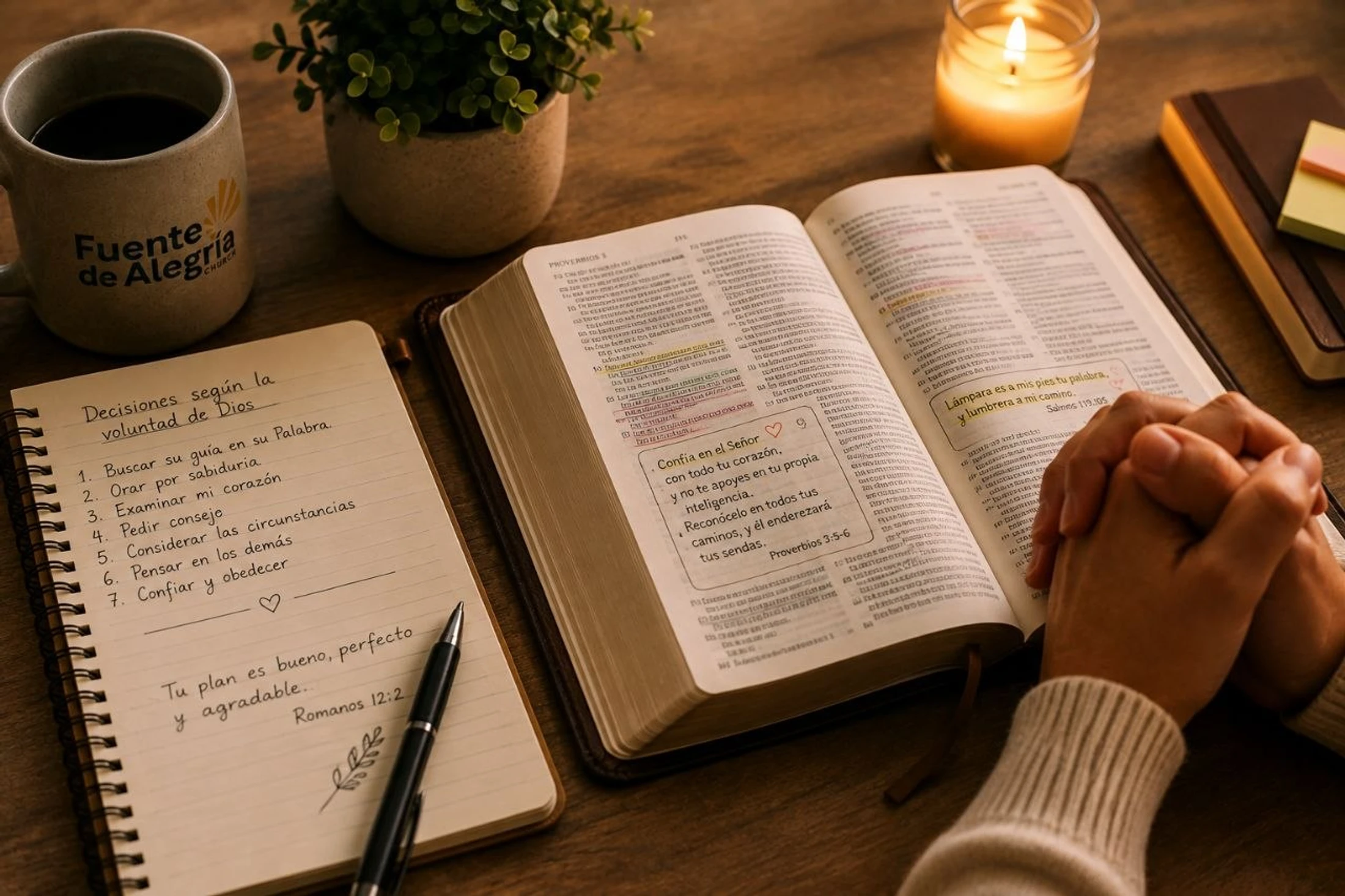 A person's clasped hands rest over an open Spanish Bible next to a notebook, coffee mug, and lit candle on a wooden desk during a devotional time.
