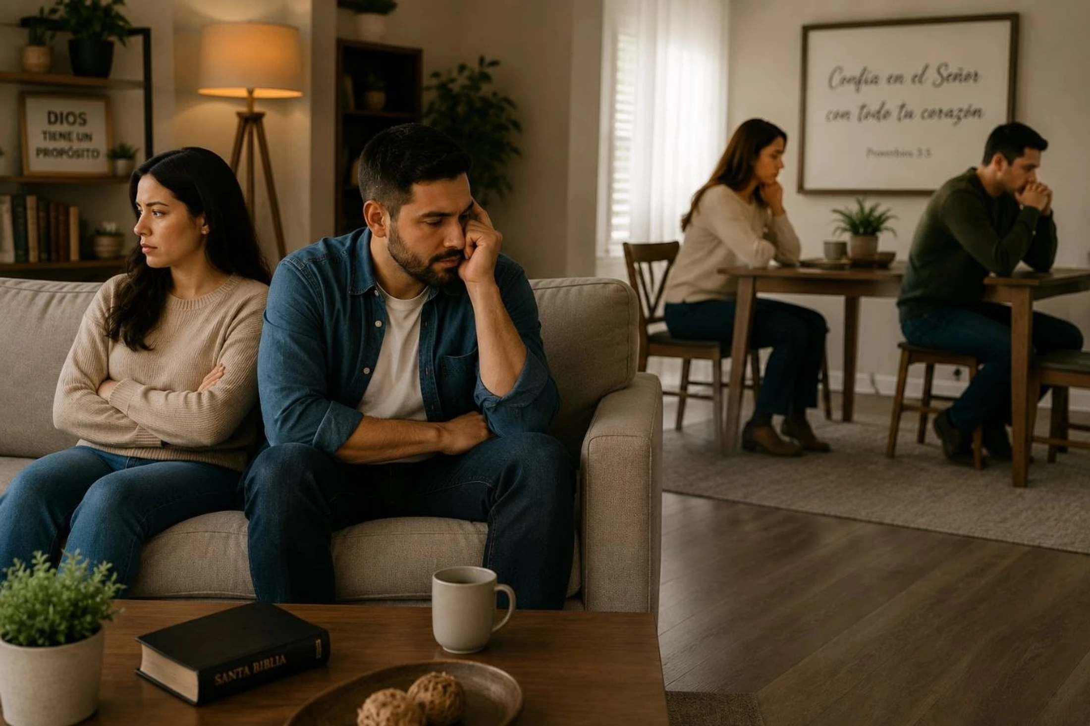 Two sad couples in a living room. One couple sits back-to-back on a sofa looking upset, while another sits silently at a dining table in the background.