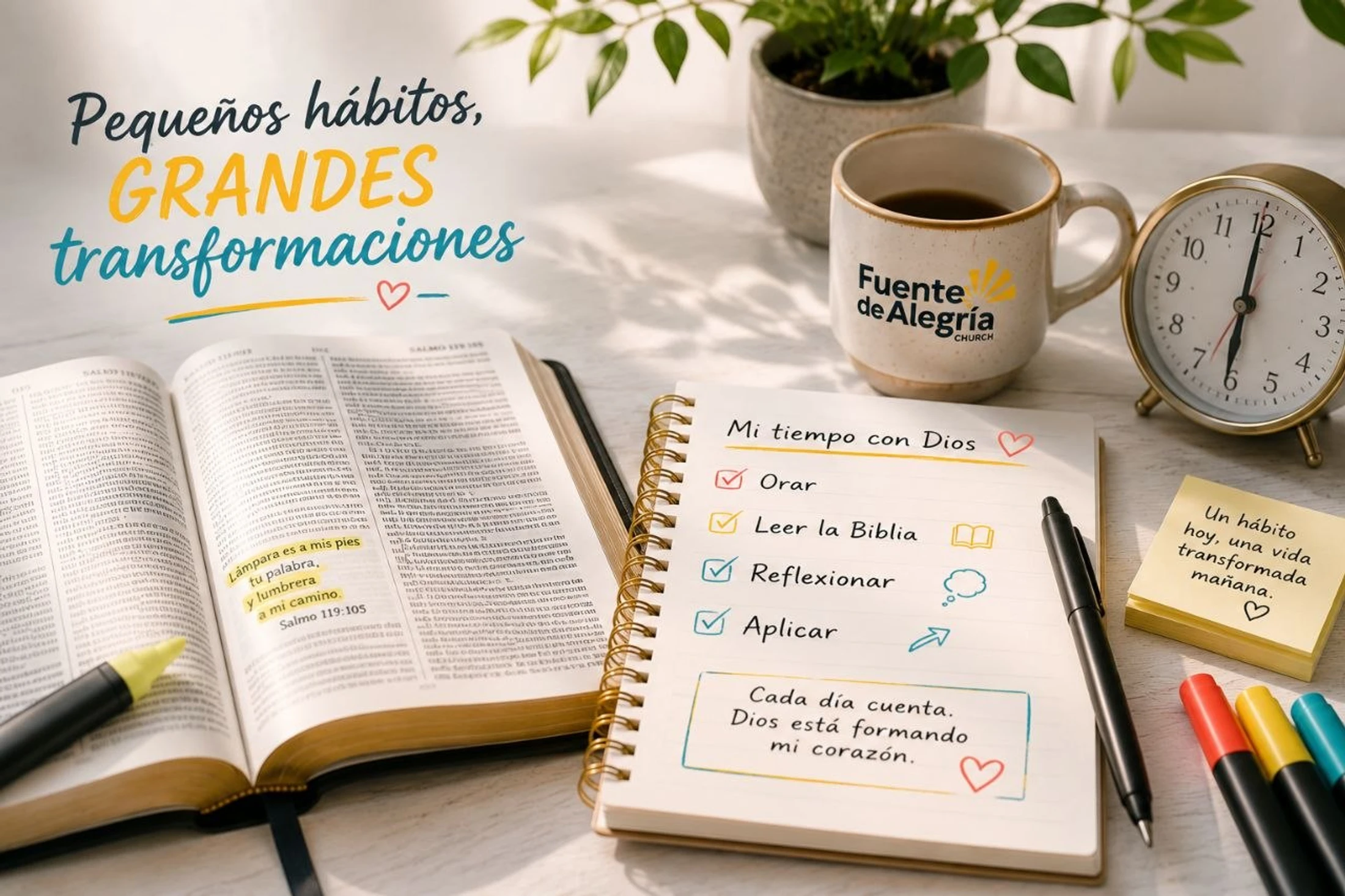 A desk with an open Bible, a notebook listing spiritual habits like prayer and reflection, a coffee mug, and an alarm clock.
