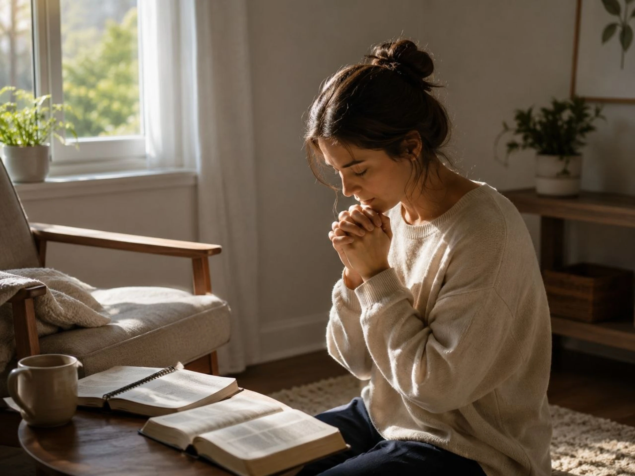 A woman kneels on the floor of a sunlit room with her eyes closed and hands clasped in prayer. An open book, possibly a Bible, rests on a table before her.