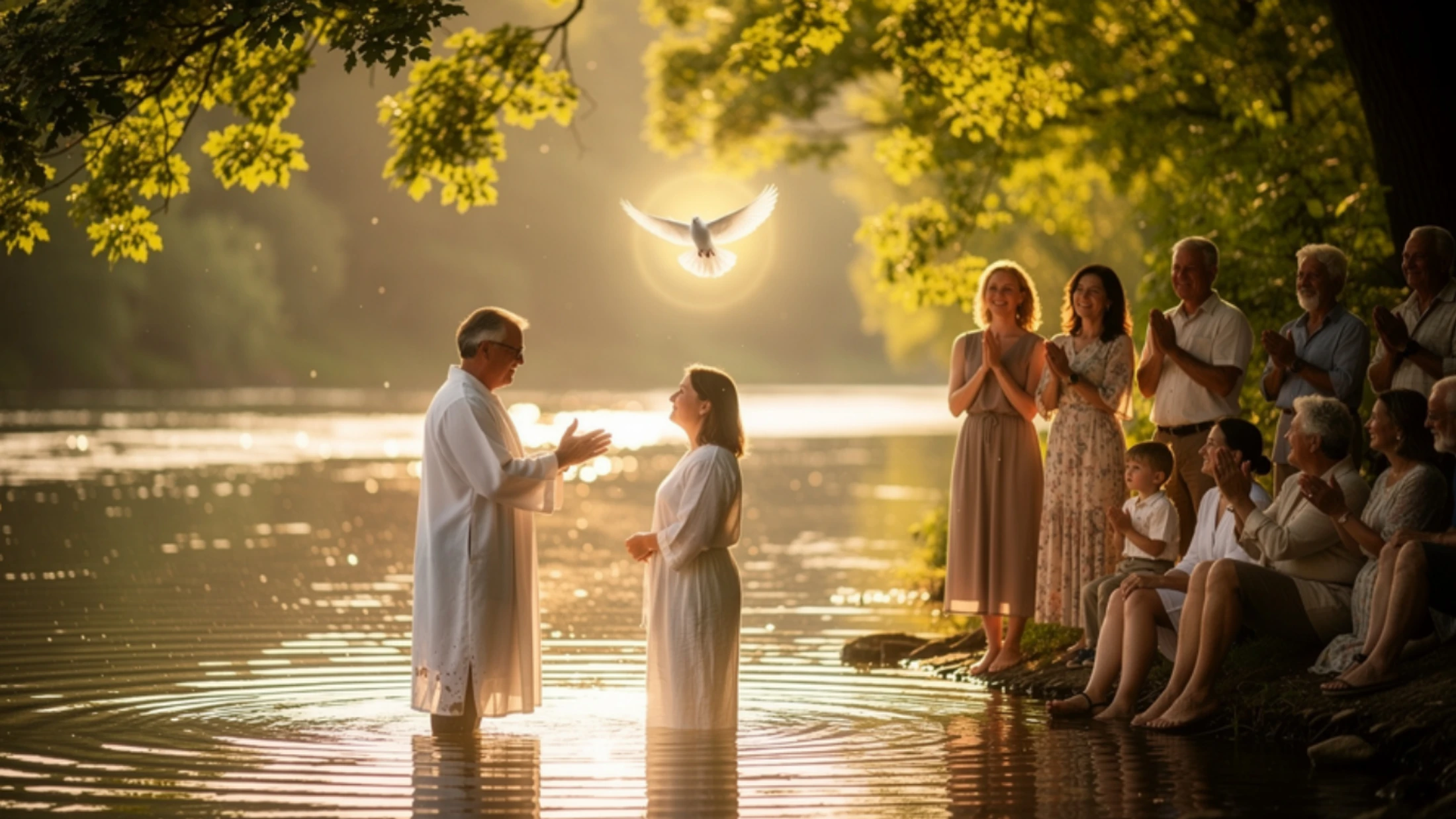 A woman is baptized in a river by a pastor as a glowing dove descends from above. Family and friends watch smiling from the riverbank in the golden light.