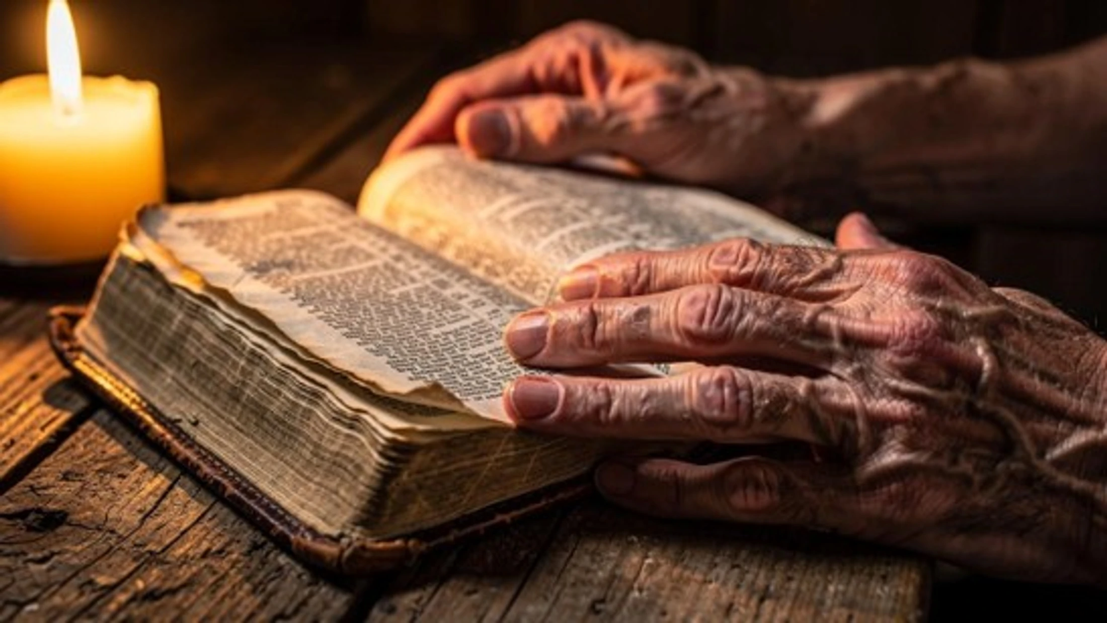 The weathered hands of an elderly person rest on an open, antique book with worn pages, illuminated by the warm glow of a single candle on a wooden table.