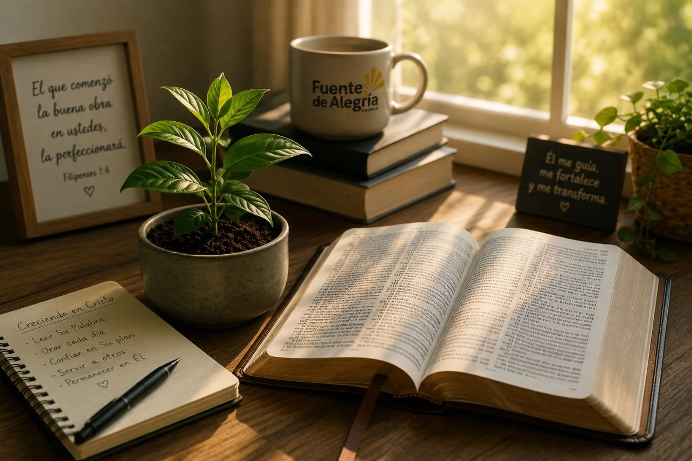 An open Bible and a notebook on a desk by a window with a coffee mug, a plant, and framed Bible verses in Spanish, creating a peaceful devotional setting.