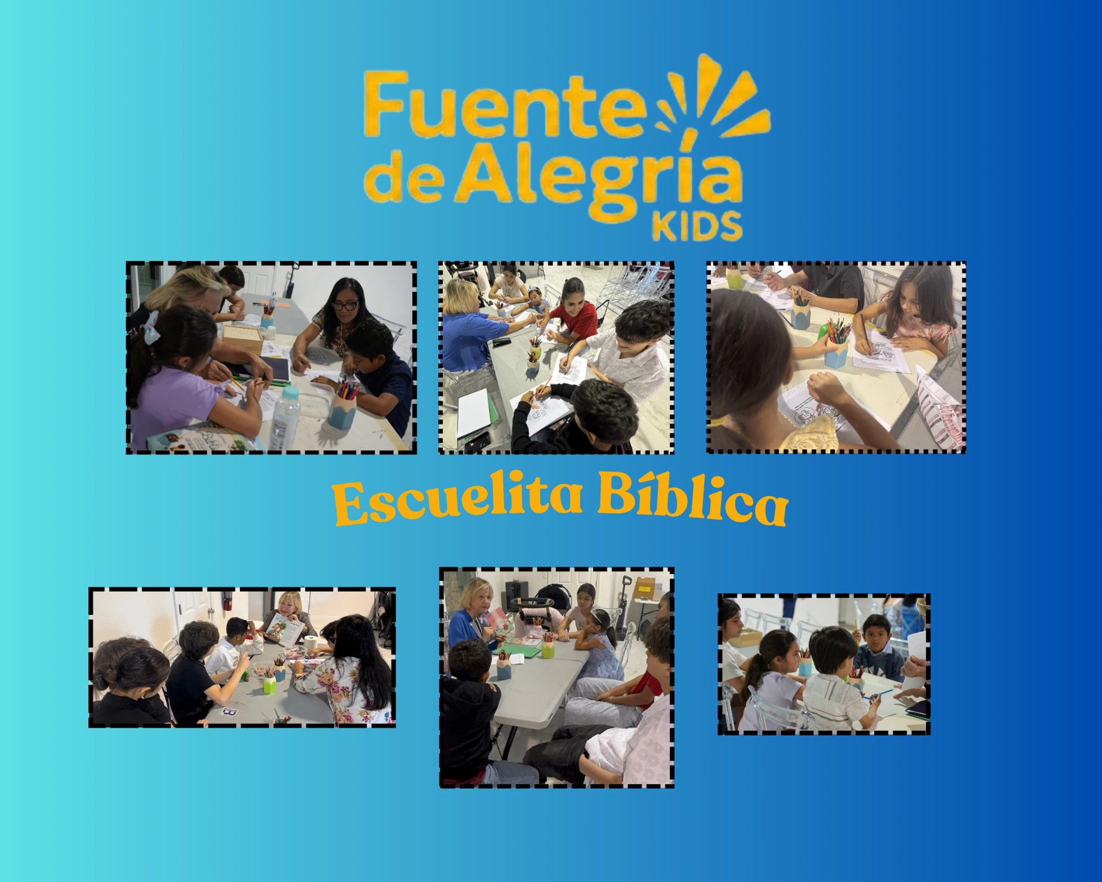 A collage of photos showing children and adults coloring and learning together at tables for the "Fuente de Alegría Kids" Bible School.