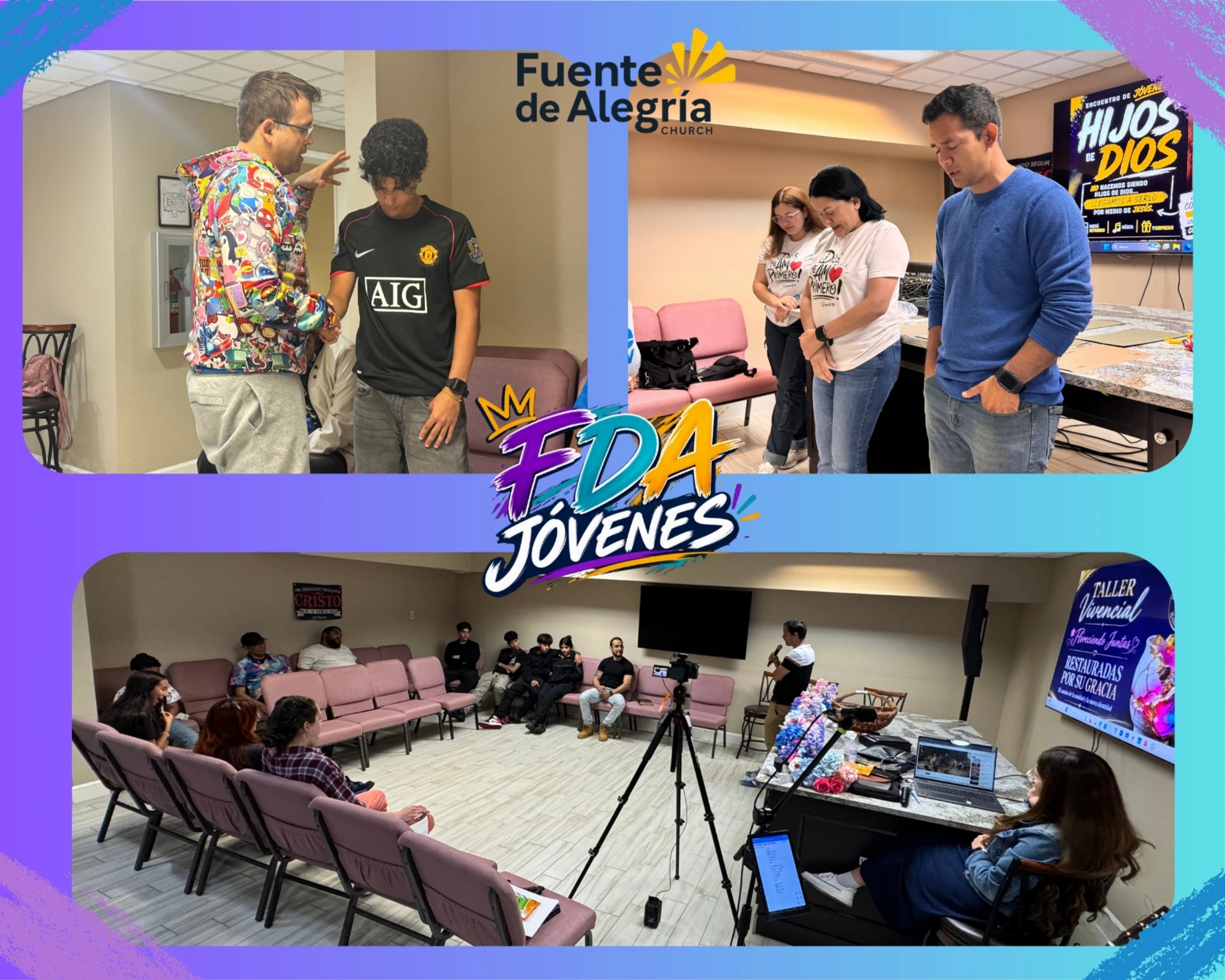 A photo collage of a church youth event, showing young people and adults praying, listening to a speaker, and participating in a workshop together.