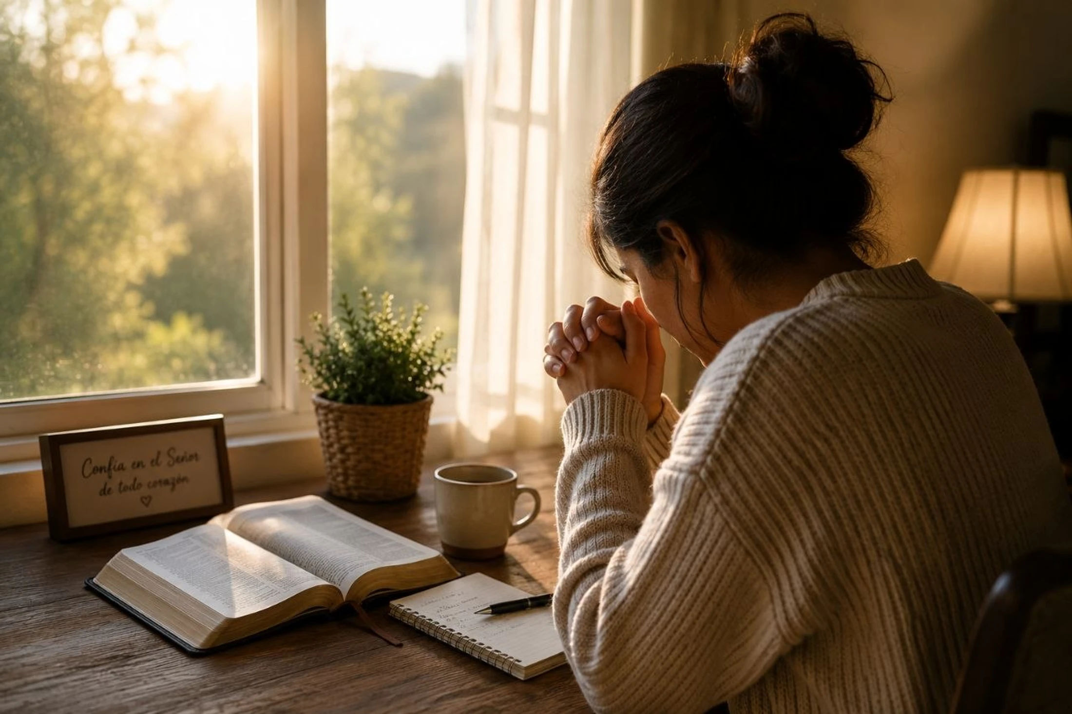 A woman seen from behind sits at a desk in morning light, her hands clasped in prayer. An open Bible, a notebook, and a mug are on the desk before her.