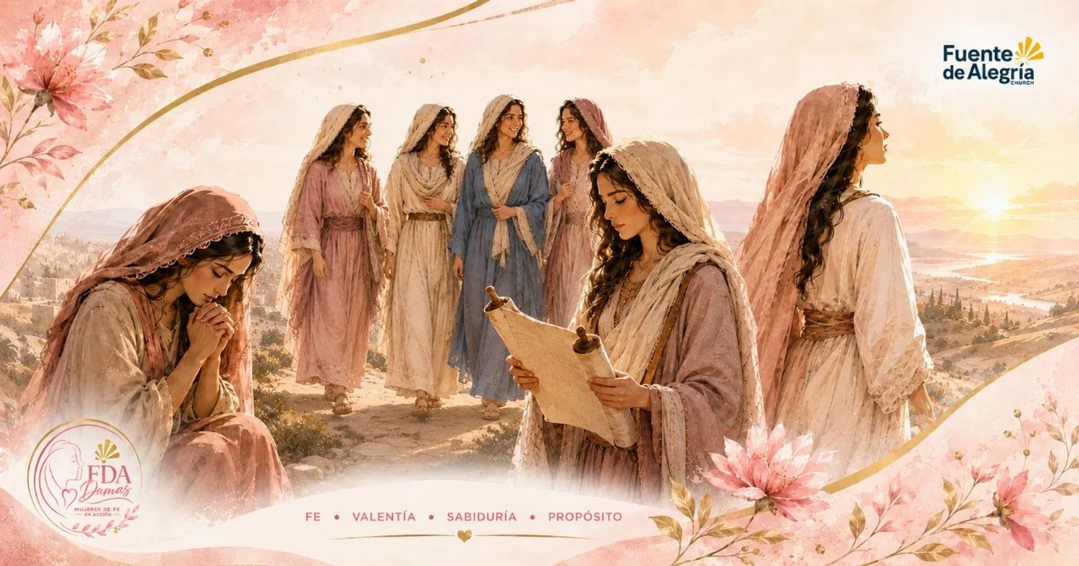 An illustration of women in biblical clothing. One prays, one reads a scroll, and a group walks through a hilly landscape at sunrise, with pink floral accents.