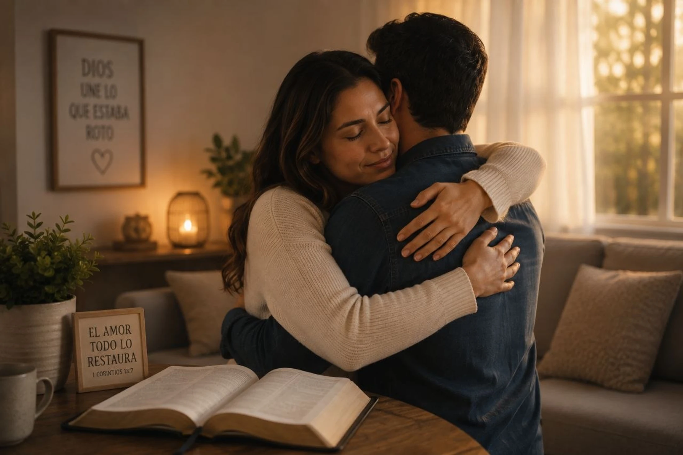 A man and woman share a warm embrace in a cozy living room, with an open Bible and inspirational Christian quotes in Spanish on the table and wall.
