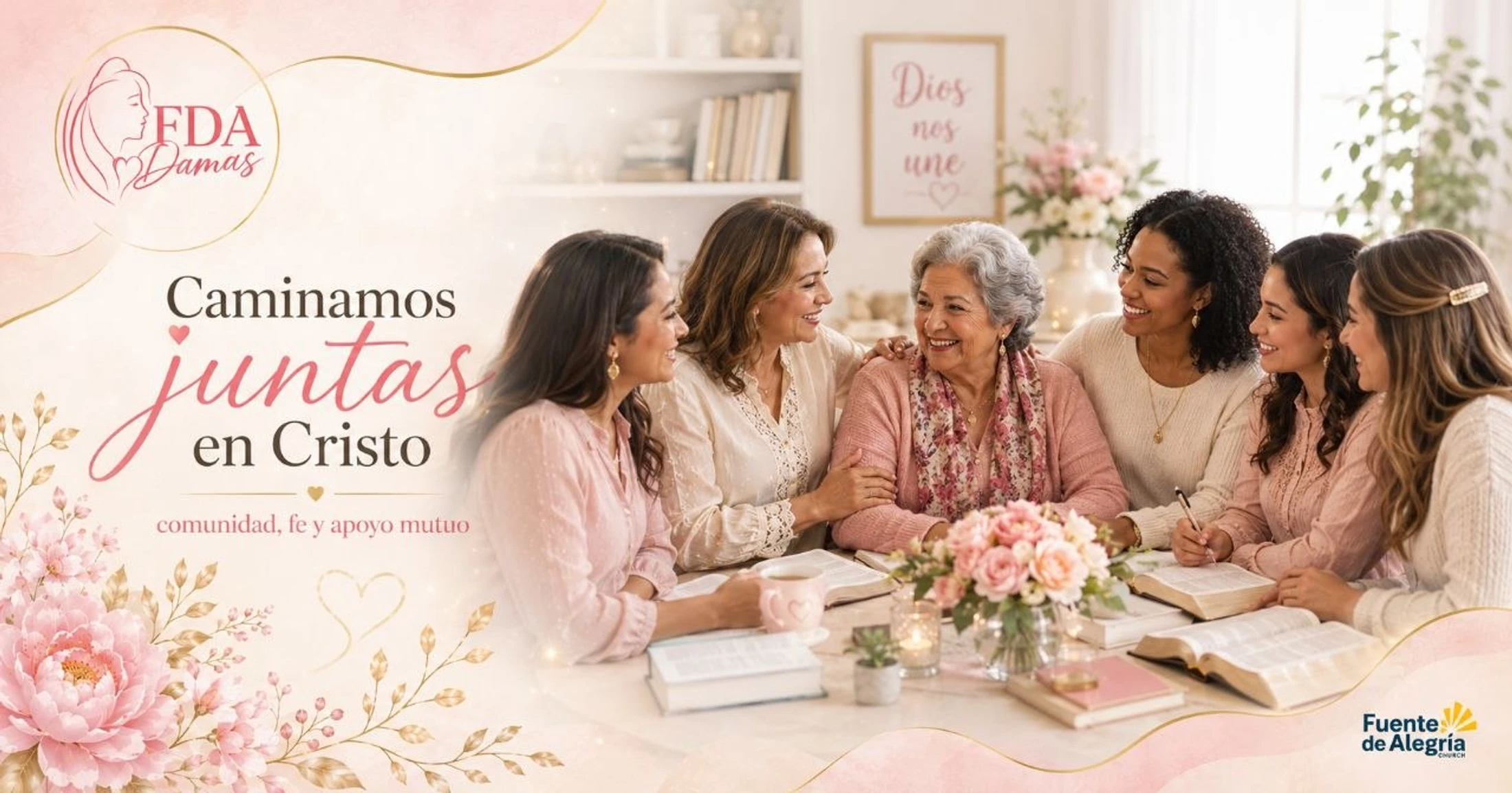 A diverse group of women smile while sitting at a table for a Bible study. The Spanish text reads, 'Caminamos juntas en Cristo' (We walk together in Christ).