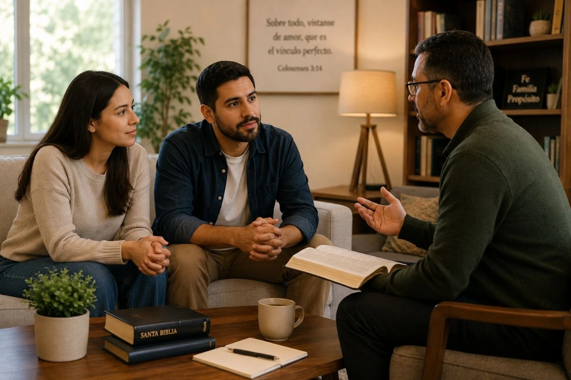 A young couple sits on a couch listening intently to a man in a chair who is holding an open Bible and speaking to them in a cozy living room.