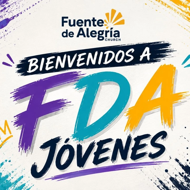 A colorful welcome graphic in Spanish that reads 'Bienvenidos a FDA Jóvenes' with vibrant brush strokes of purple, teal, and yellow on a white background.