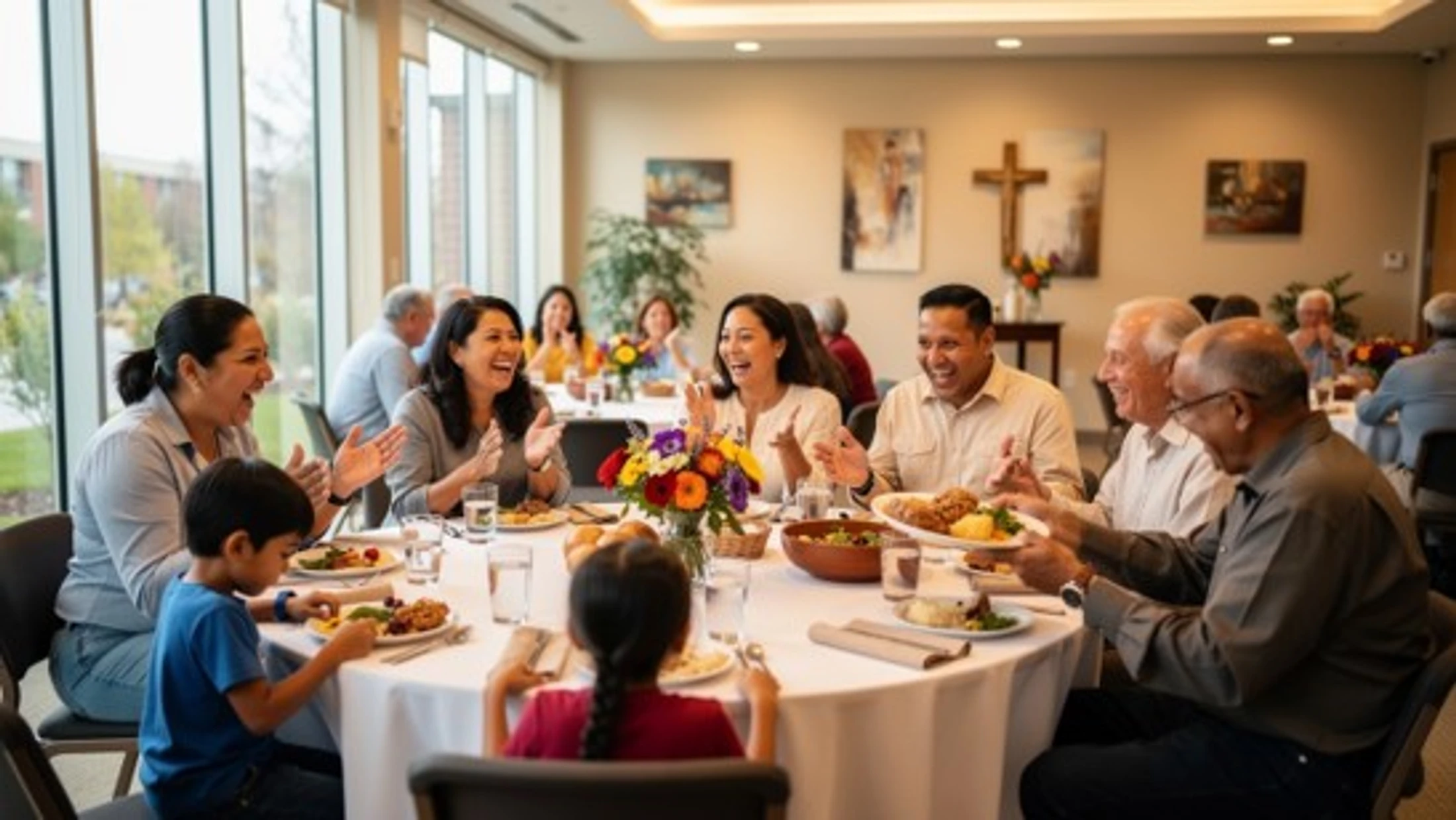 A diverse, multi-generational group of people laugh and clap while enjoying a meal together around a round table in a brightly lit dining hall.