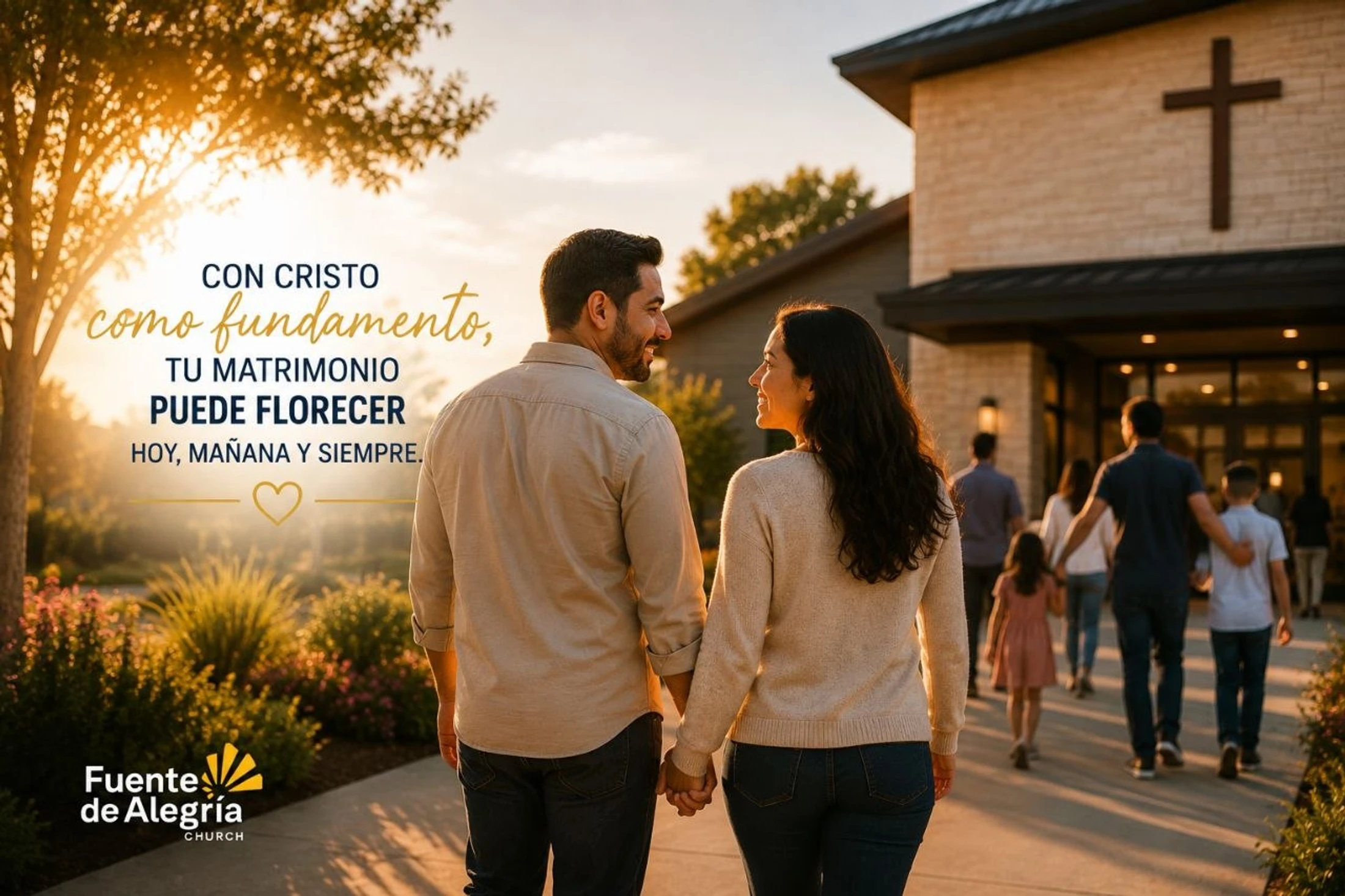 A couple holds hands walking towards a church at sunset with other families. Spanish text reads "With Christ as foundation, your marriage can flourish."