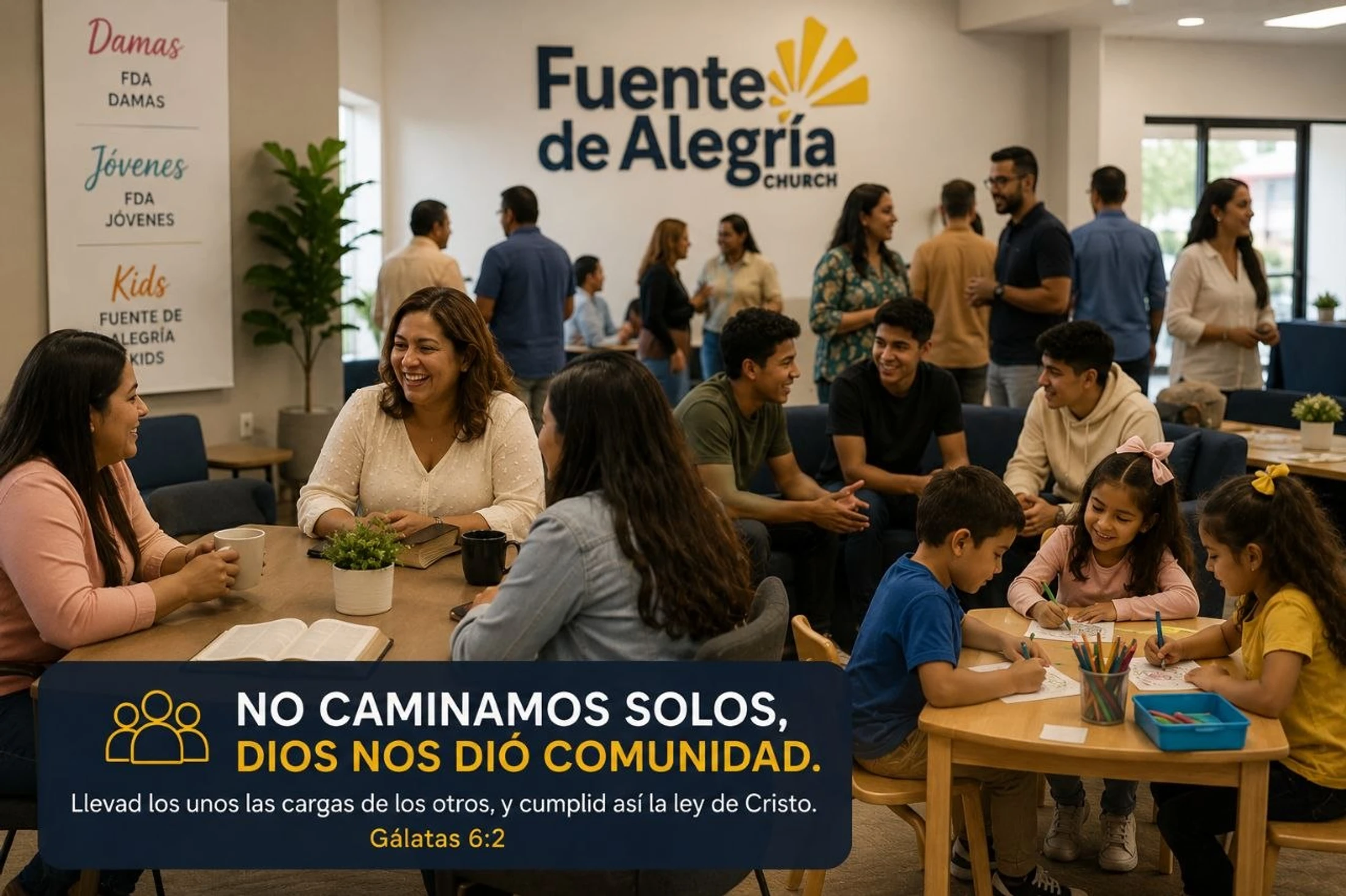 Church members of different ages gather and socialize. A text overlay in Spanish reads, "We do not walk alone, God gave us community. Galatians 6:2."