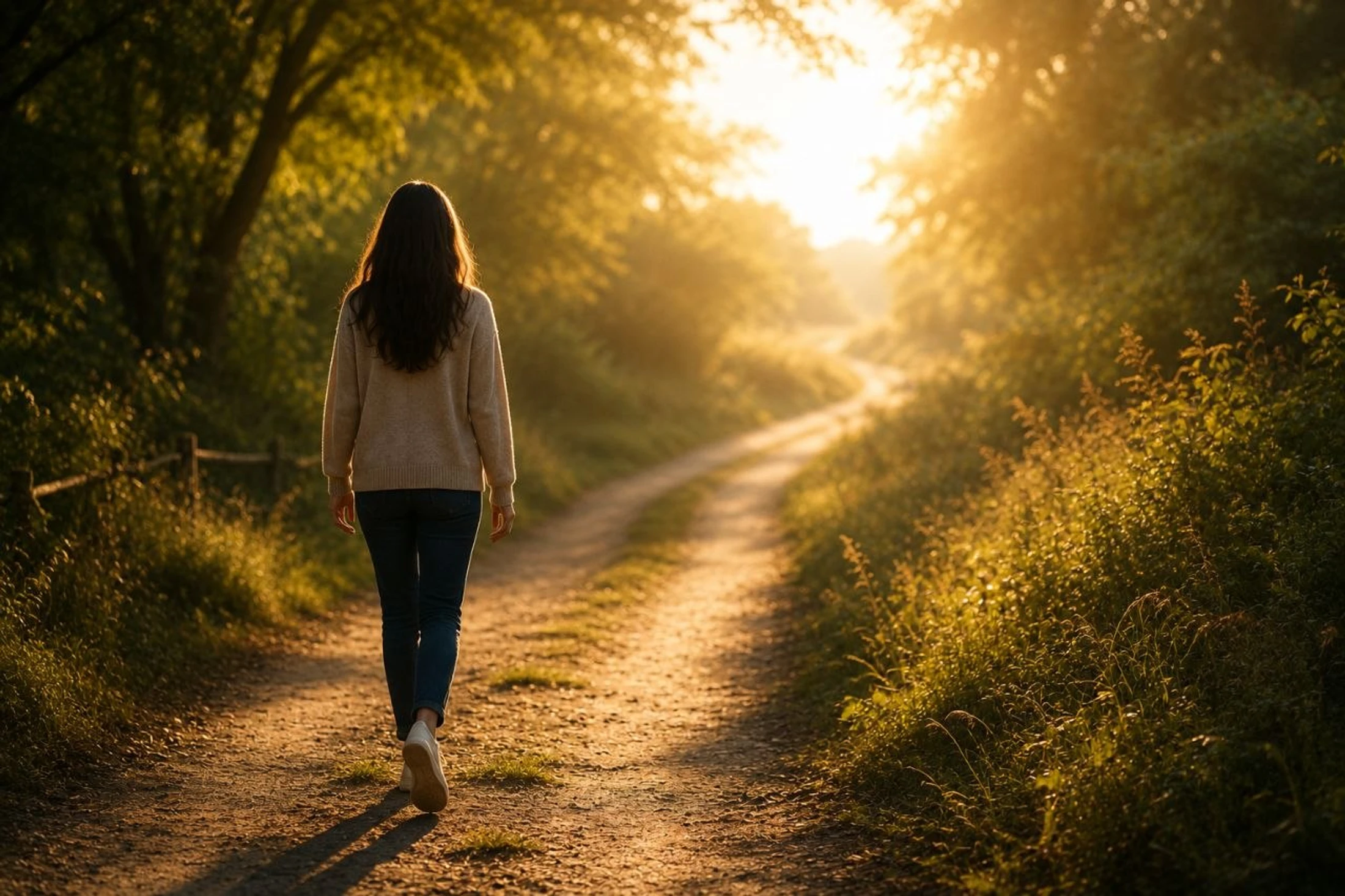 A woman with long dark hair, seen from behind, walks along a dirt path through a lush forest during the golden hour as the sun shines brightly ahead.