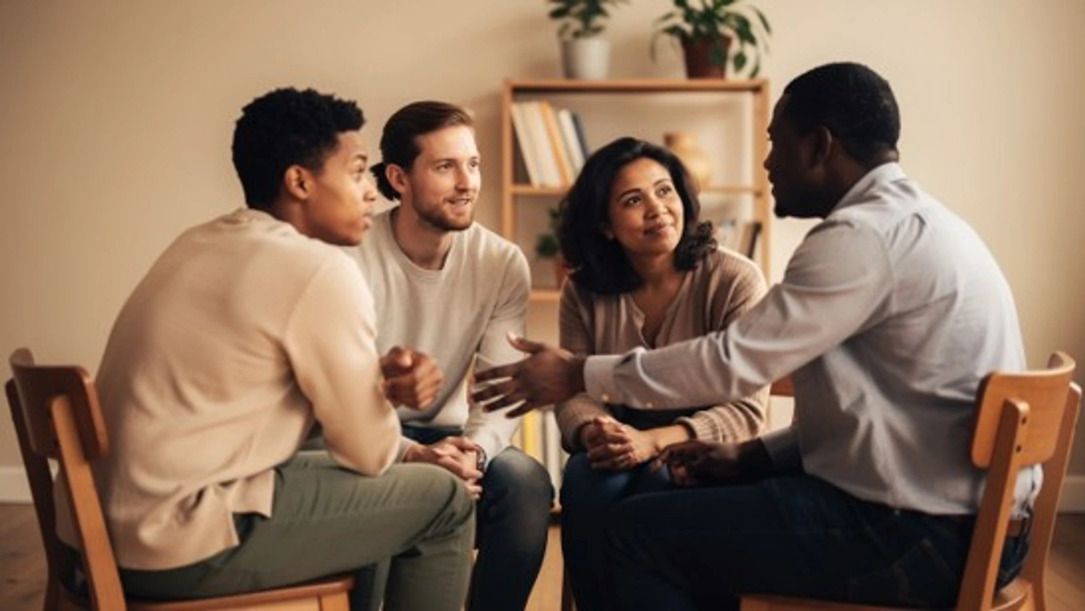 A diverse group of four people sit in a circle on chairs, engaged in a conversation. One man is speaking while the other three listen attentively.
