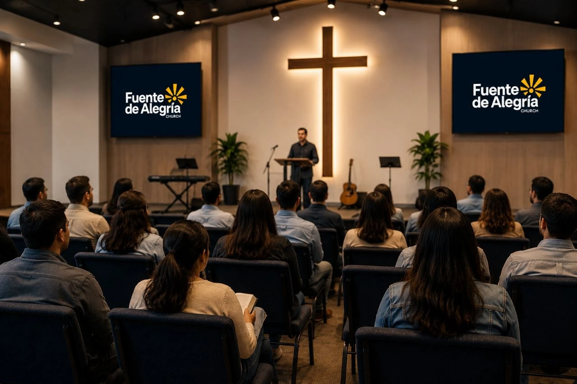 View from the back of a congregation listening to a pastor speak on a stage with a large, lit wooden cross behind him in a modern church.