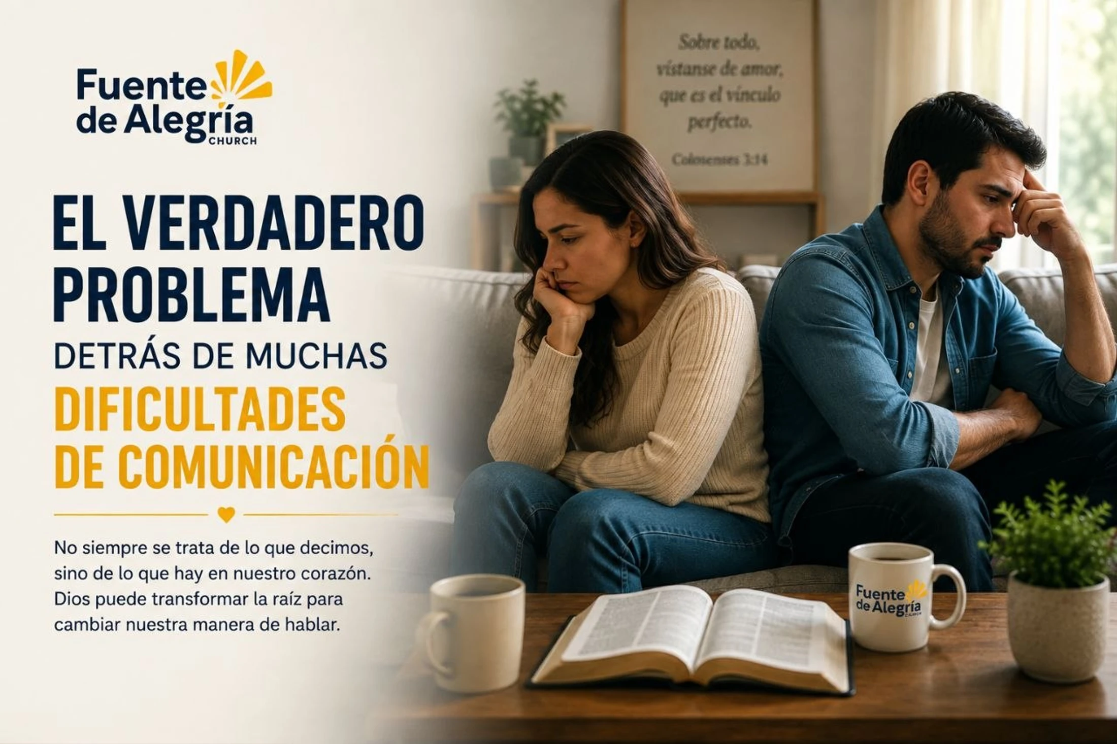 A troubled couple sits on a couch, facing away from each other. Spanish text overlays the image, discussing the root of communication difficulties.