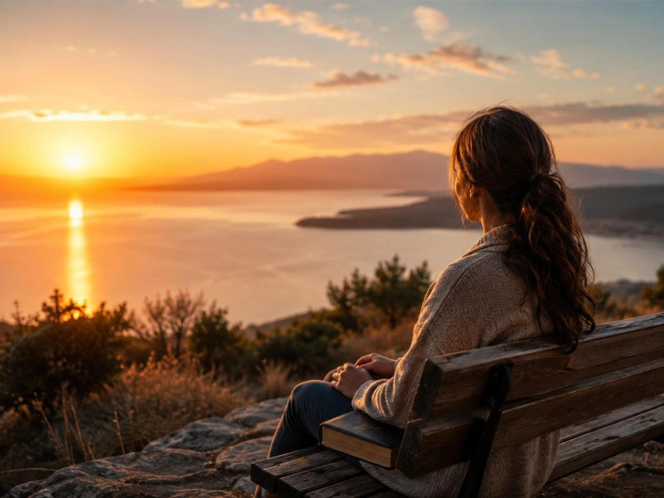 A woman sits on a wooden bench on a hillside, looking out at a golden sunset reflecting on the water, with mountains in the distance.
