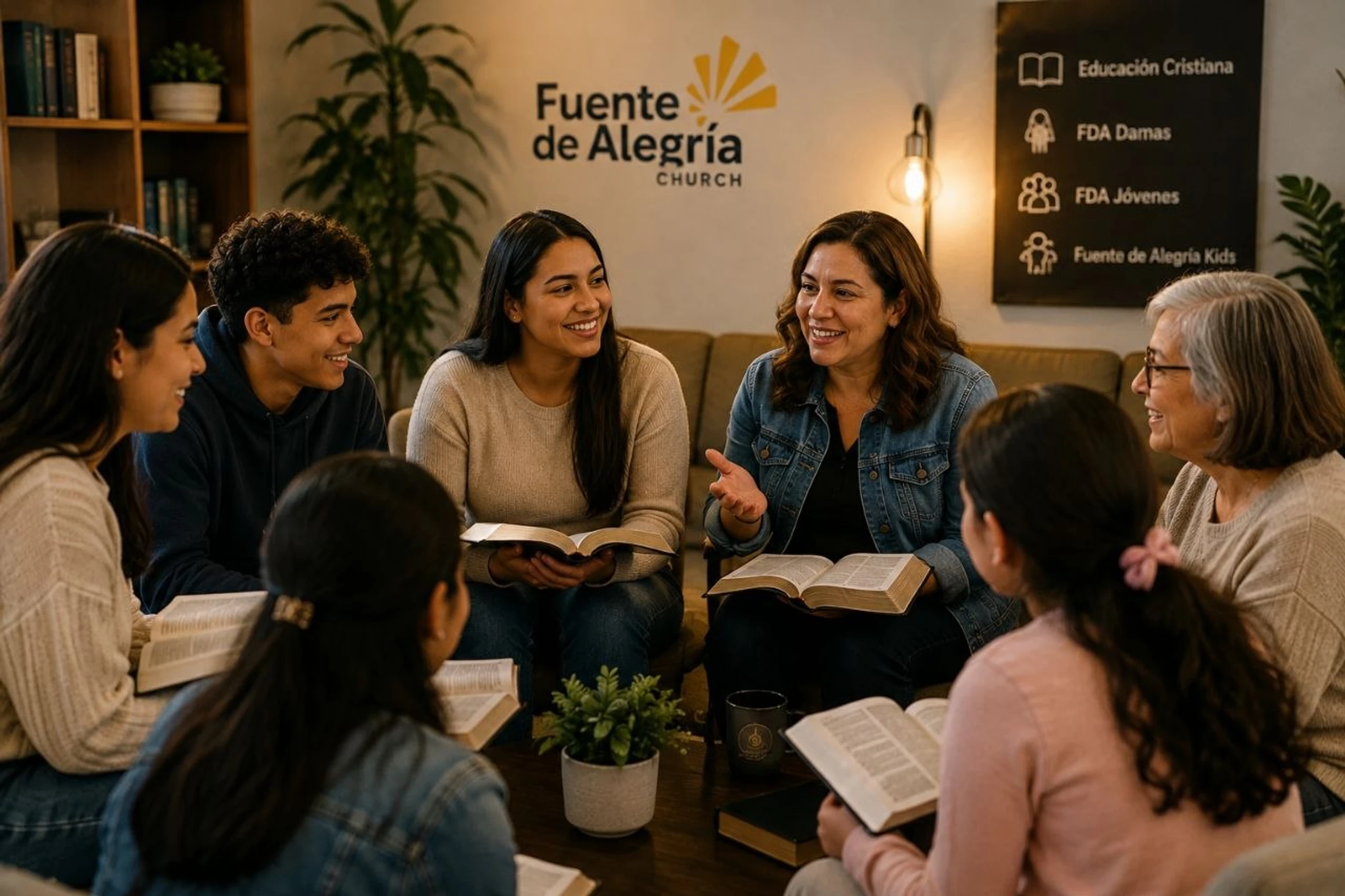 A diverse group of smiling men and women of various ages sit in a circle holding Bibles during a discussion at Fuente de Alegría Church.