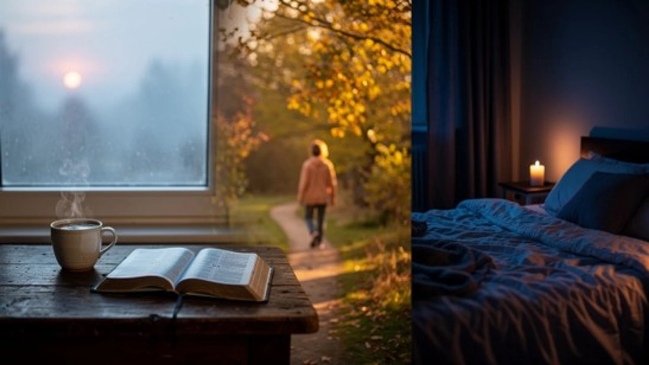 A collage showing three scenes: morning coffee and a book, a person walking in a park at sunset, and a cozy candlelit bedroom at night.