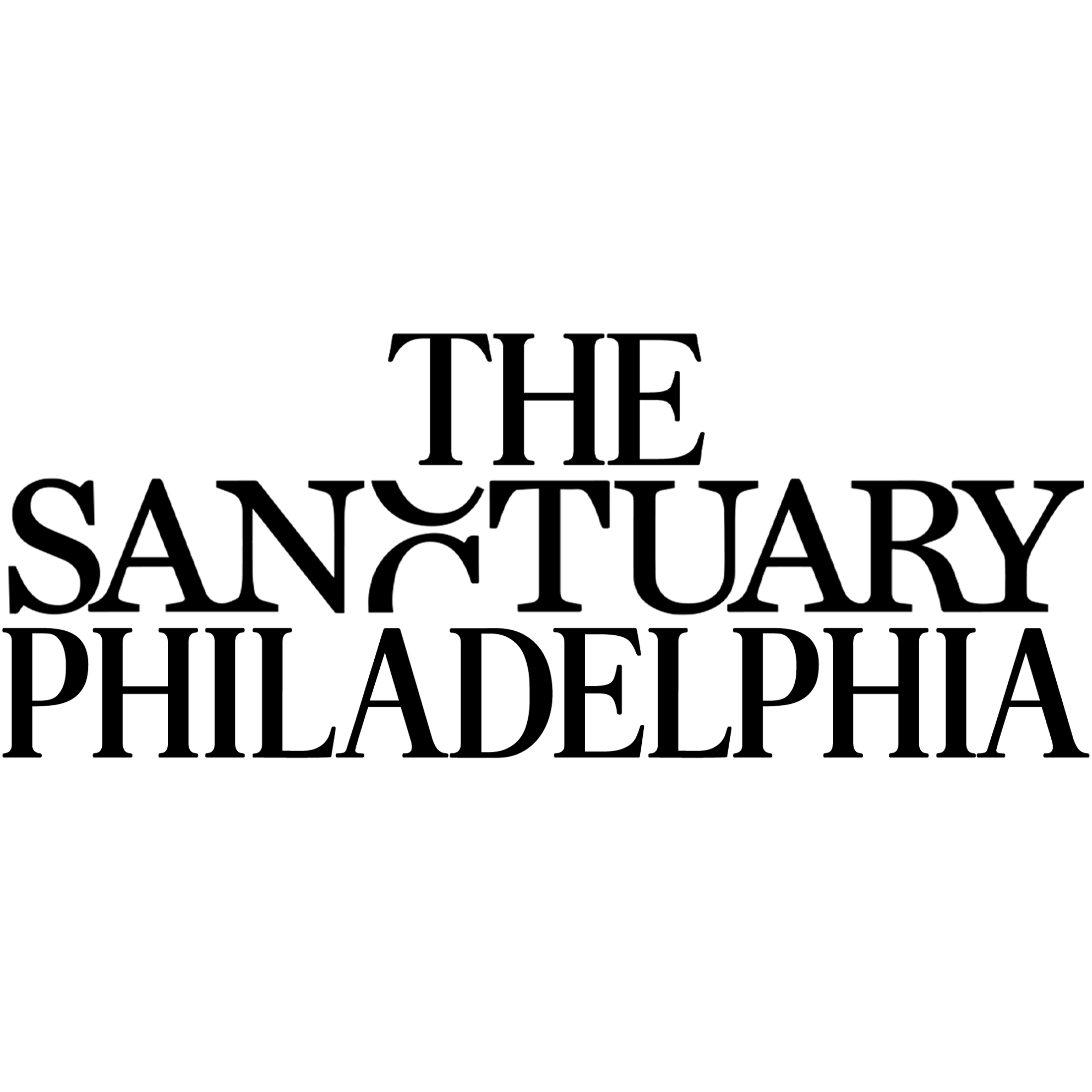The logo for The Sanctuary Philadelphia in a black, stylized serif font on a white background. The words are stacked in three lines.