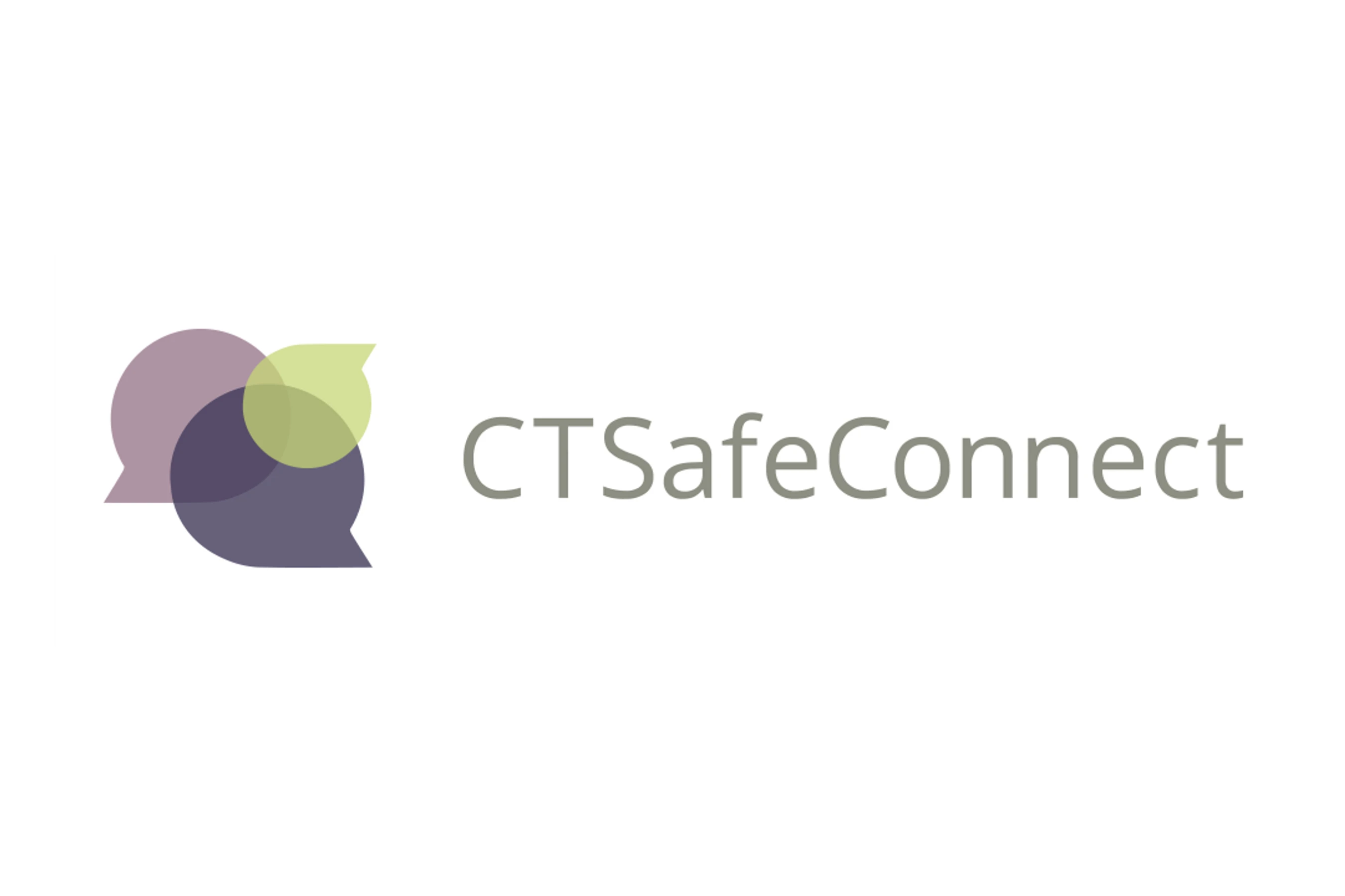 The logo for CTSafeConnect, with three overlapping speech bubbles in muted purple, green, and blue next to the name in grey text on a white background.