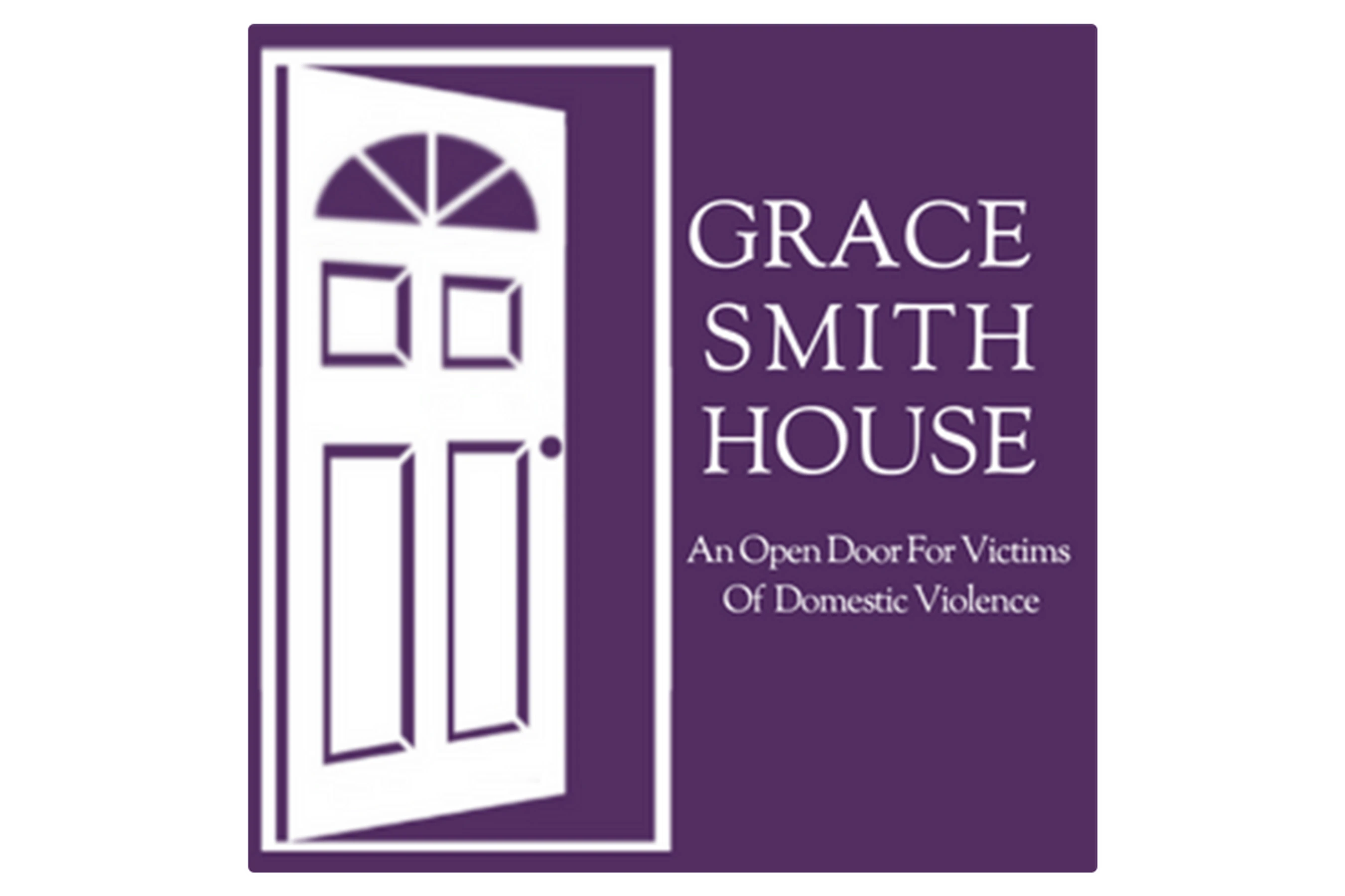 The logo for Grace Smith House, featuring a white open door on a purple background. Text reads, "An Open Door For Victims Of Domestic Violence."