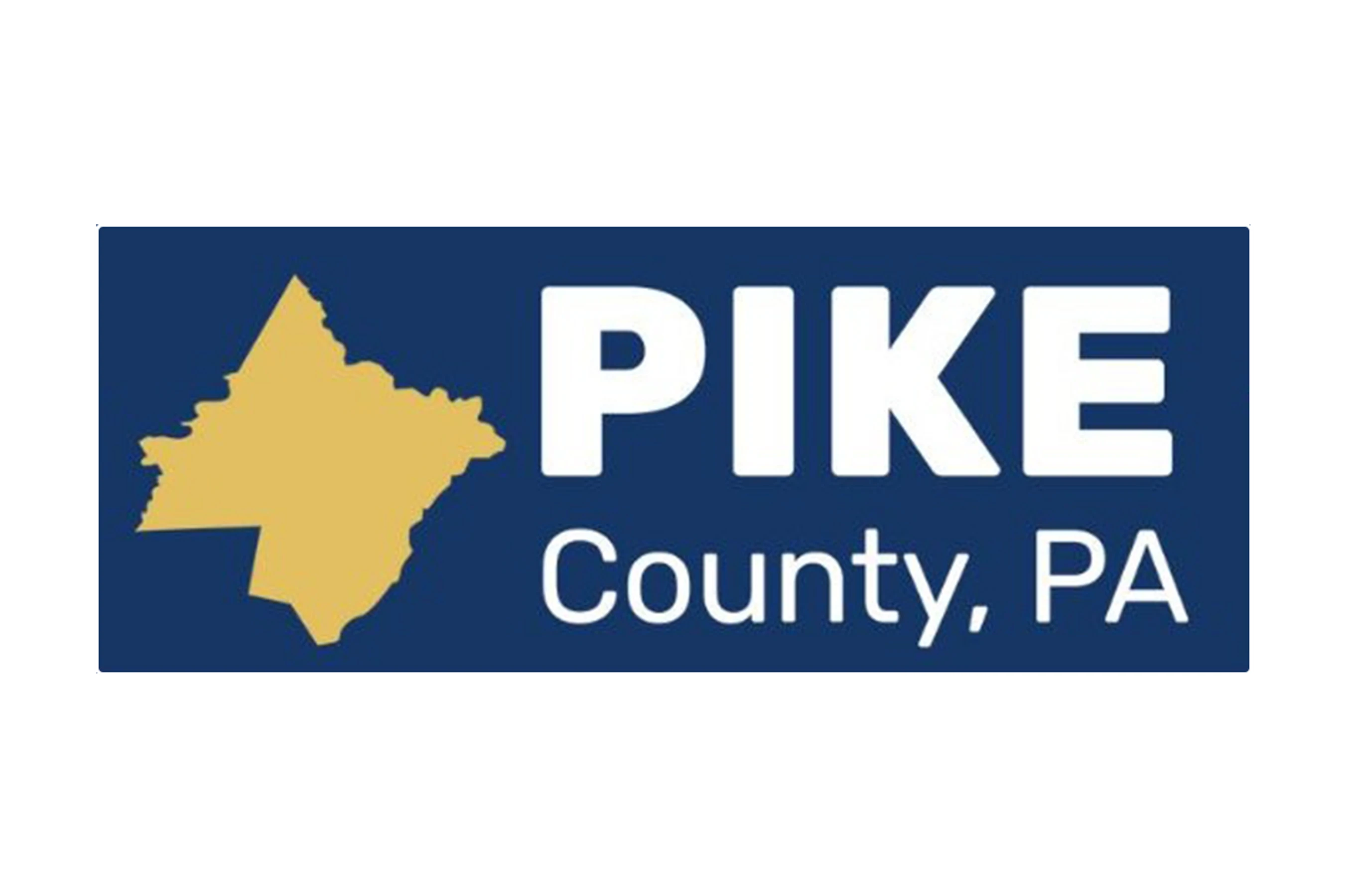 The logo for Pike County, PA, shows a gold silhouette of the county map next to the words 'PIKE County, PA' in white text on a solid blue background.