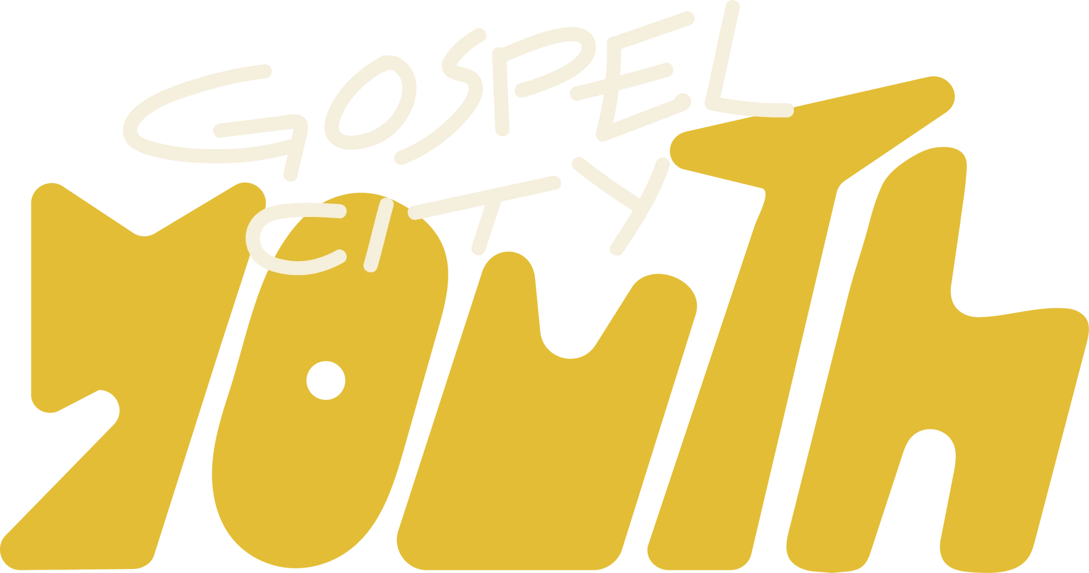 The Gospel City Youth logo. 'Gospel City' is in a thin, off-white handwritten font, placed over 'Youth' in a thick, rounded mustard-yellow font.