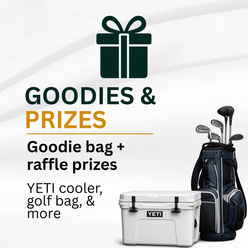 An advertisement for goodies and prizes, featuring a gift box icon, a white YETI cooler, and a blue golf bag with clubs on a white background.