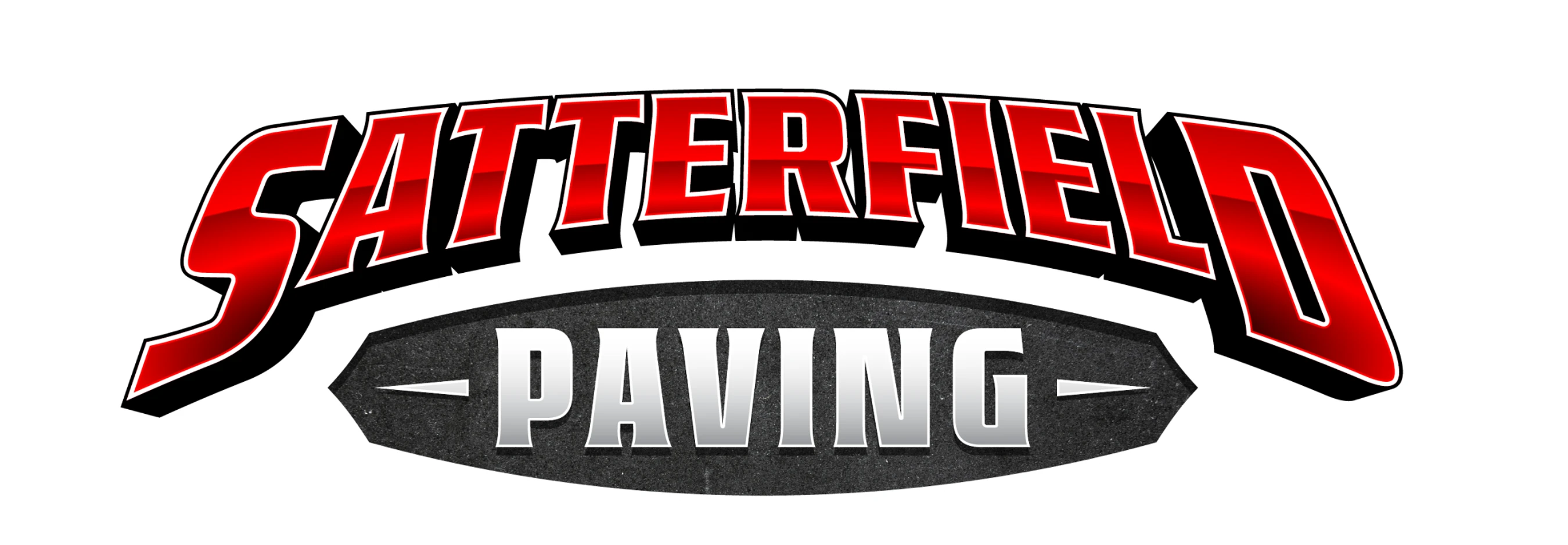The logo for Satterfield Paving, with the name in arched red letters above the word 'Paving' on a textured gray background resembling asphalt.