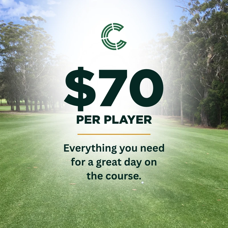 A promotional graphic for a golf special set against a sunny golf course fairway. The text reads '$70 per player' in large, dark green letters.