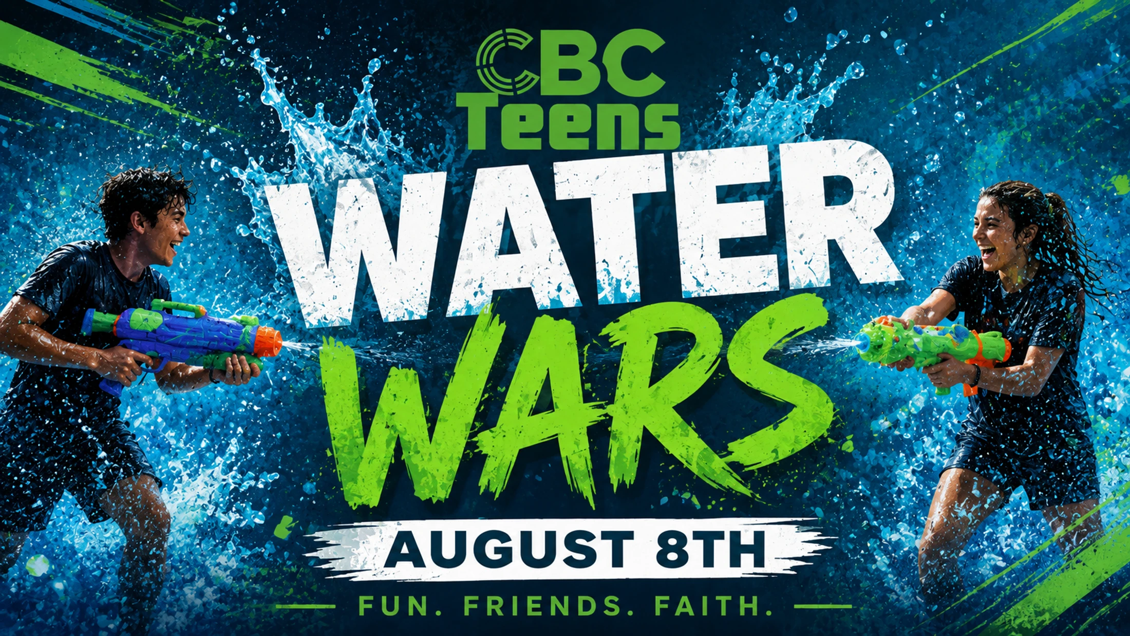 A teenage boy and girl laugh while spraying each other with water guns amidst large splashes. Text reads: CBC Teens Water Wars, August 8th.