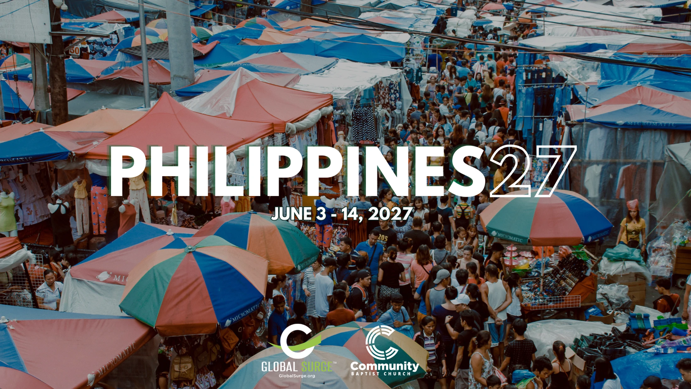 Overhead view of a bustling outdoor market in the Philippines. Text overlay reads: PHILIPPINES 27, June 3-14, 2027.